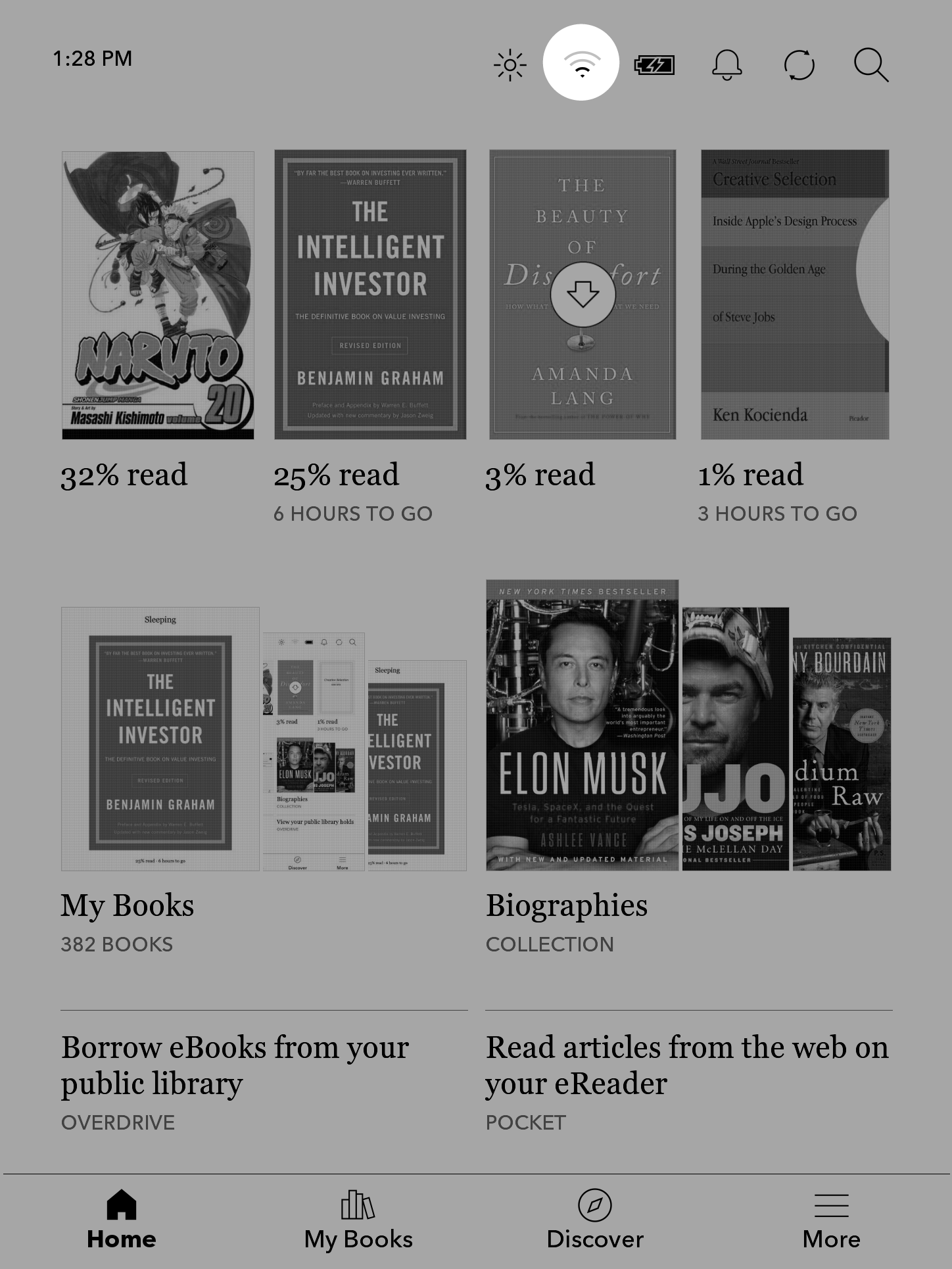 Kobo eReader Home screen with Wifi icon highlighted.