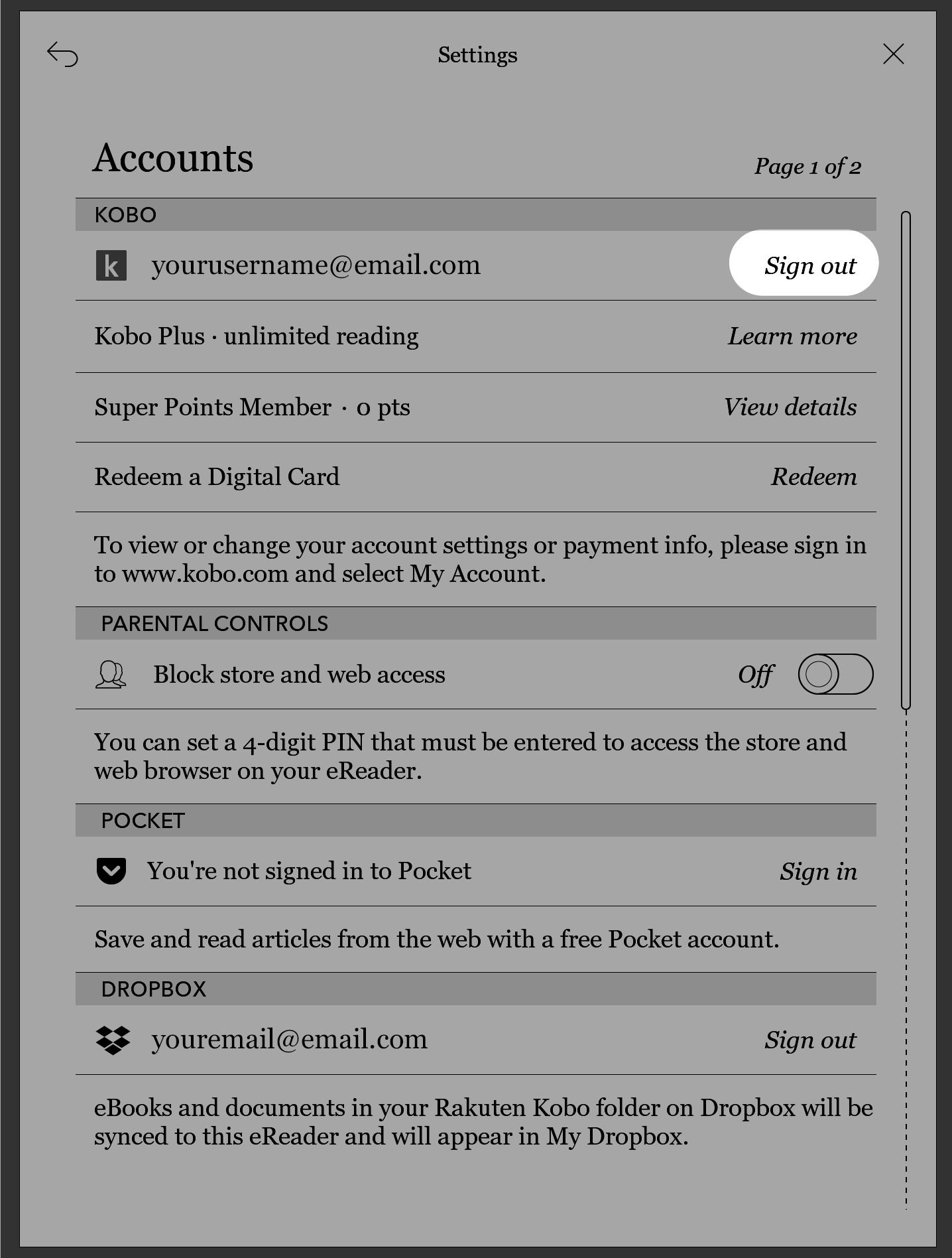 Kobo ereader Accounts menu with the Sign out button highlighted.