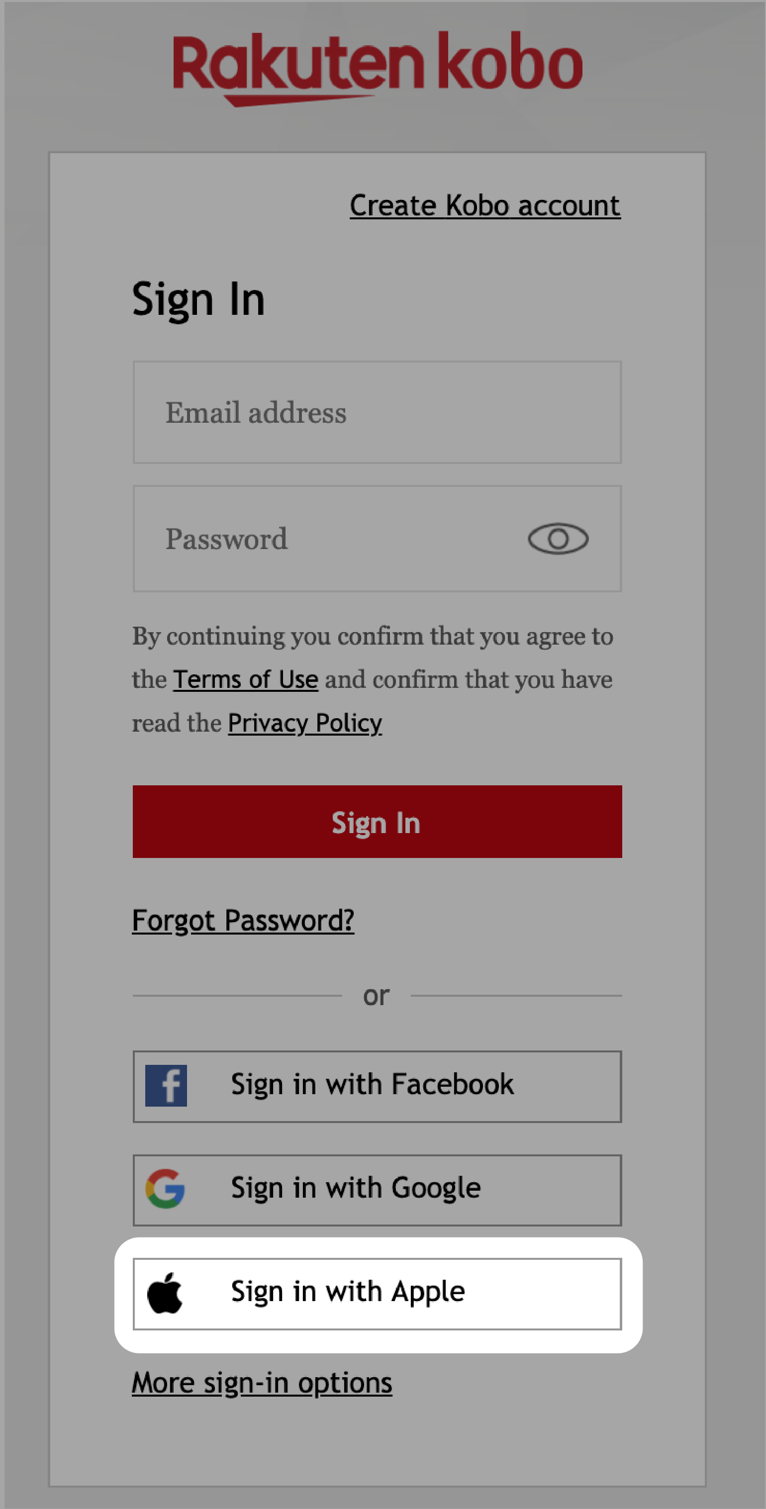 Pantalla de inicio de sesión de Kobo.com con Iniciar sesión con Apple resaltado.