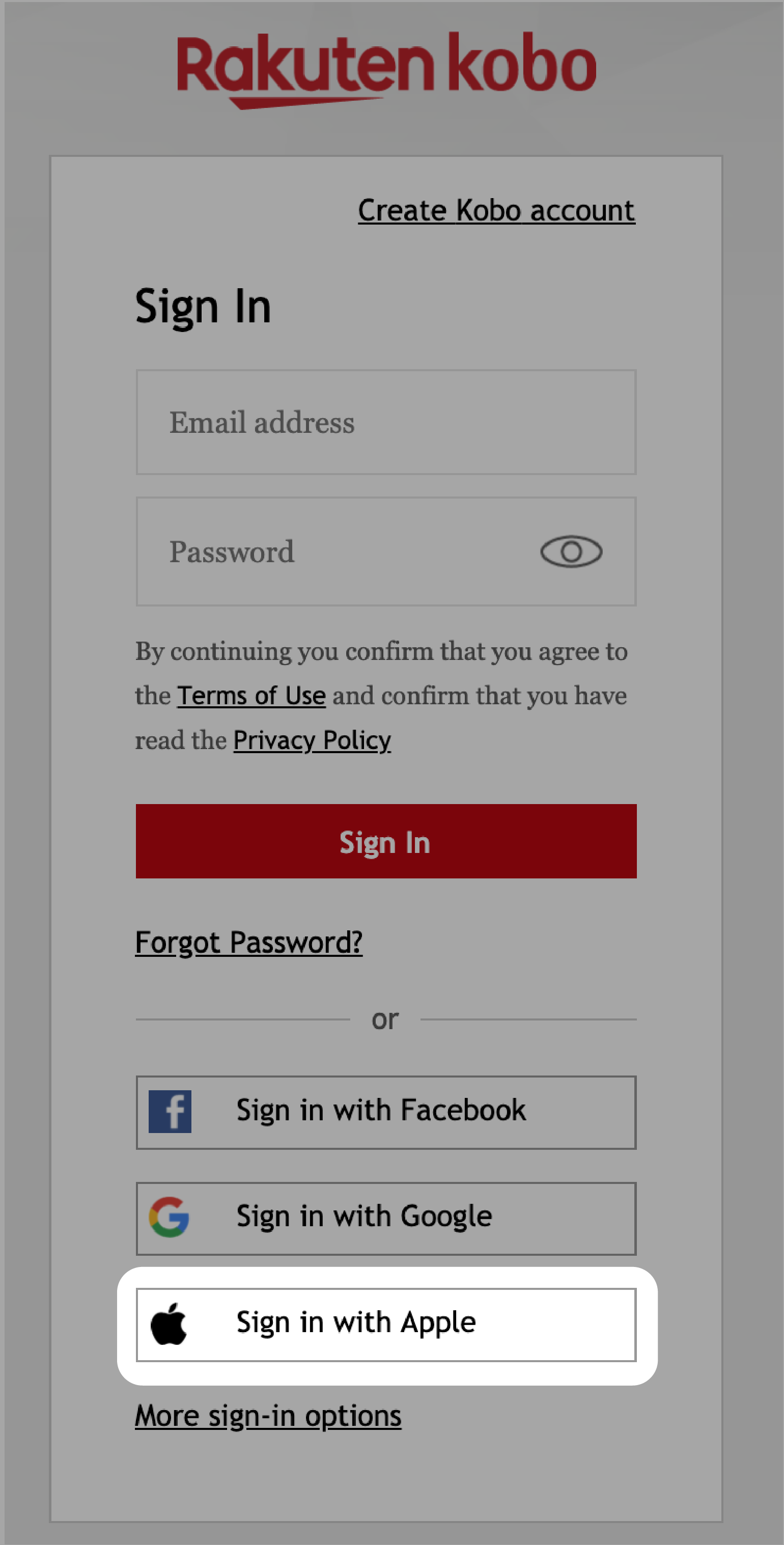 Schermata di accesso a Kobo.com con Accedi con Apple evidenziato.