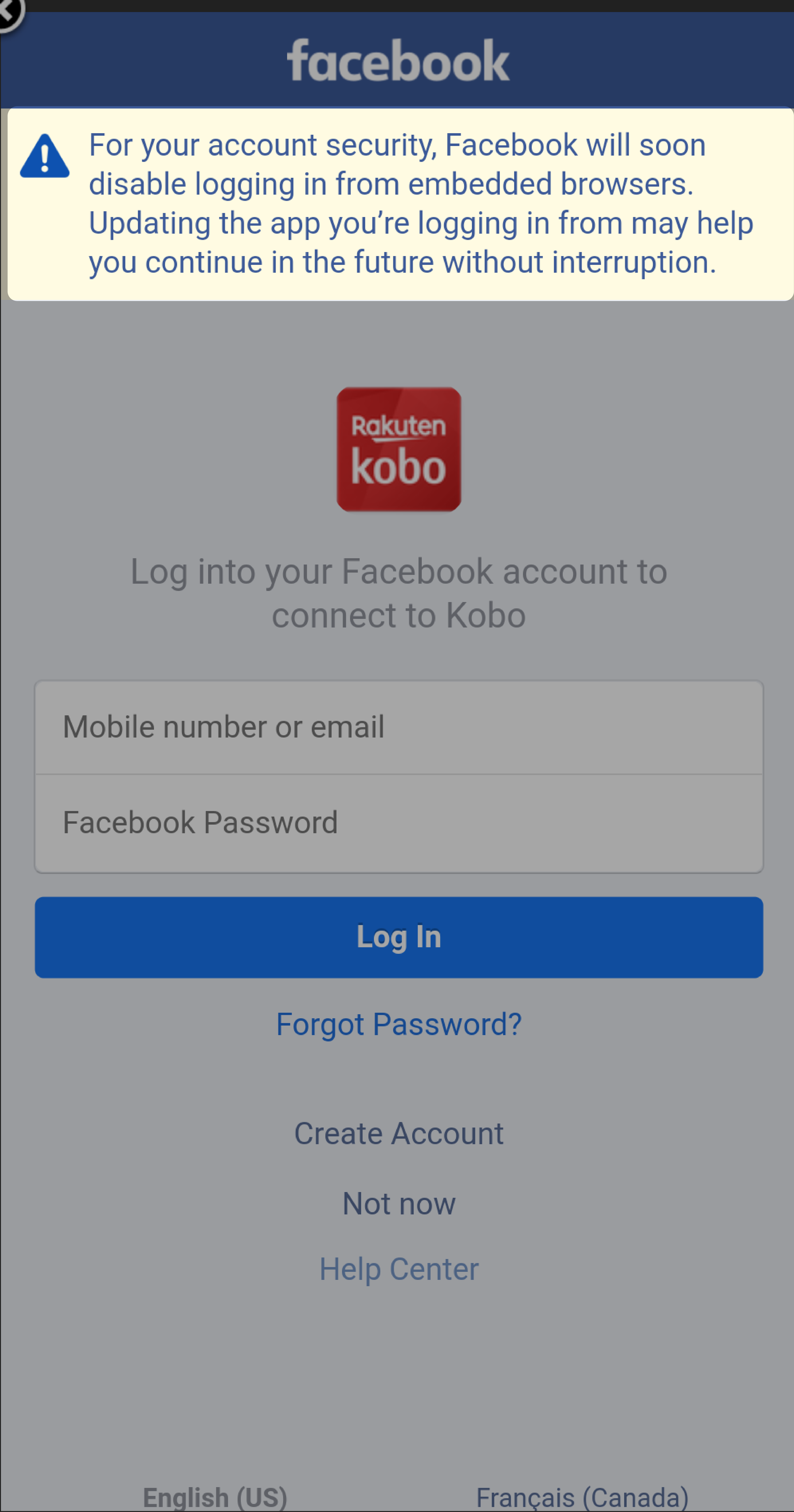 Menu a comparsa di Facebook che spiega cosa accade dopo che Facebook disattiva il log dai browser integrati.