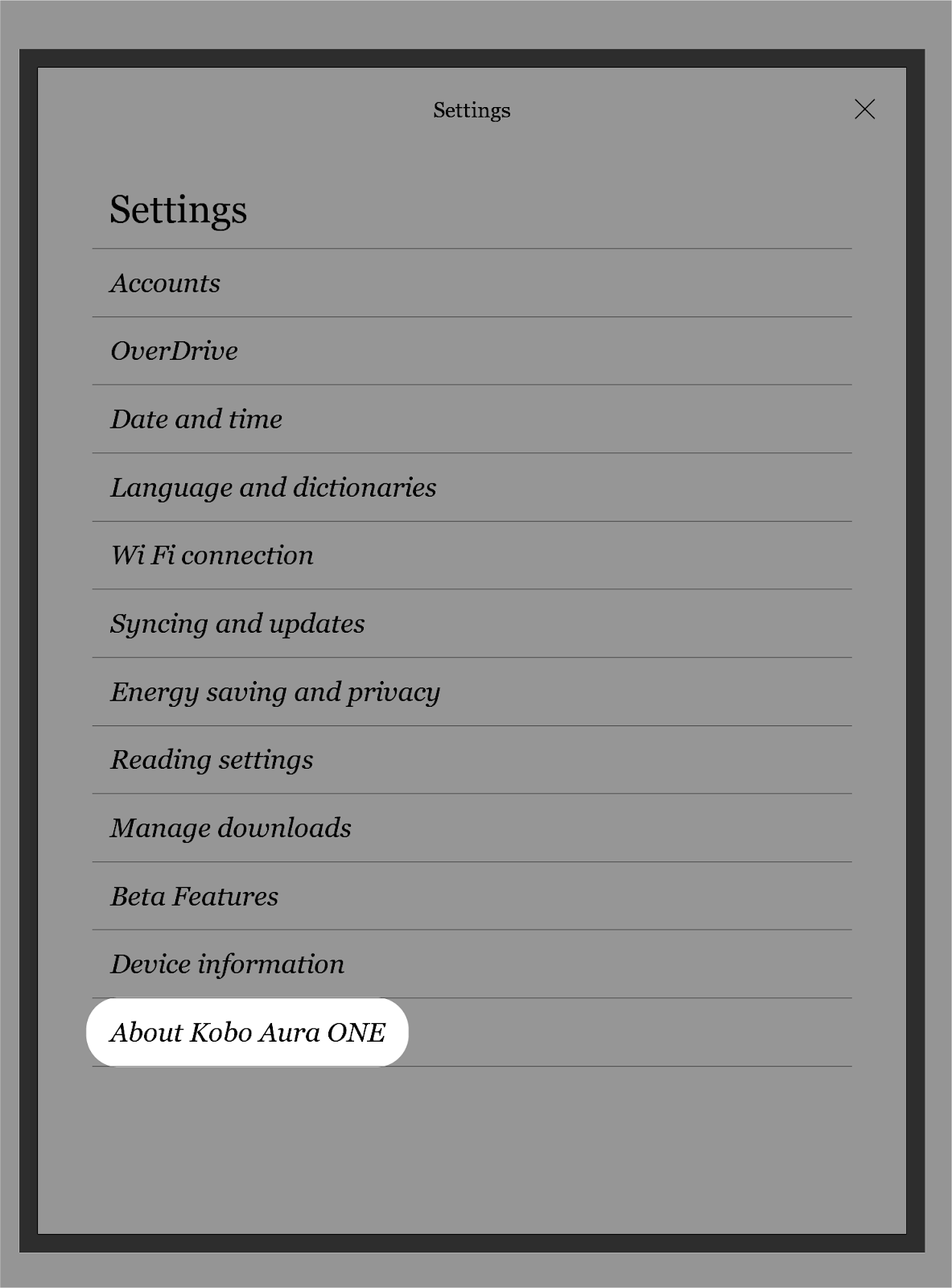 Kobo eReader Settings menu with the name of the device name highlighted.