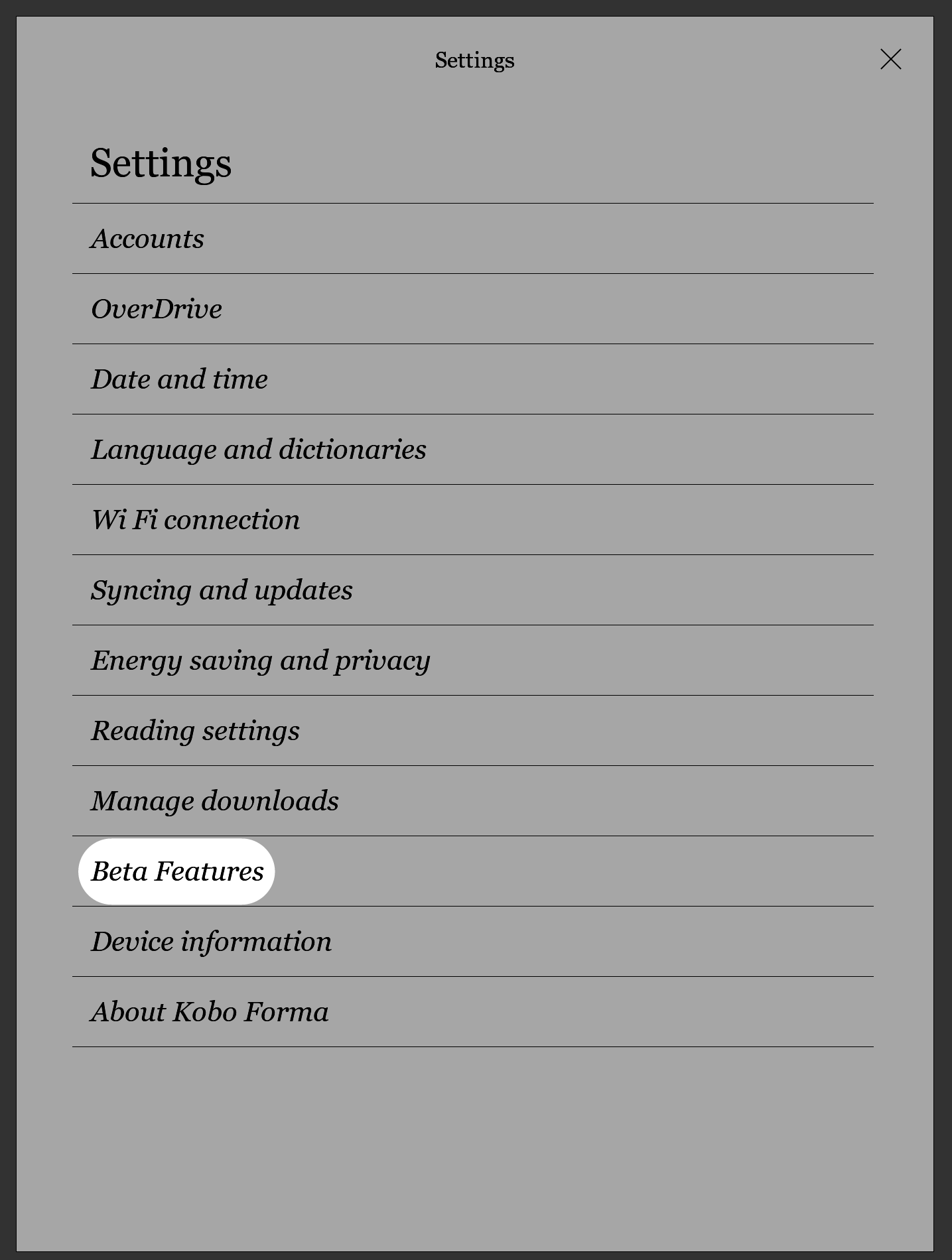Menu Paramètres d'une liseuse Kobo avec le bouton Fonctionnalités bêta mis en évidence.
