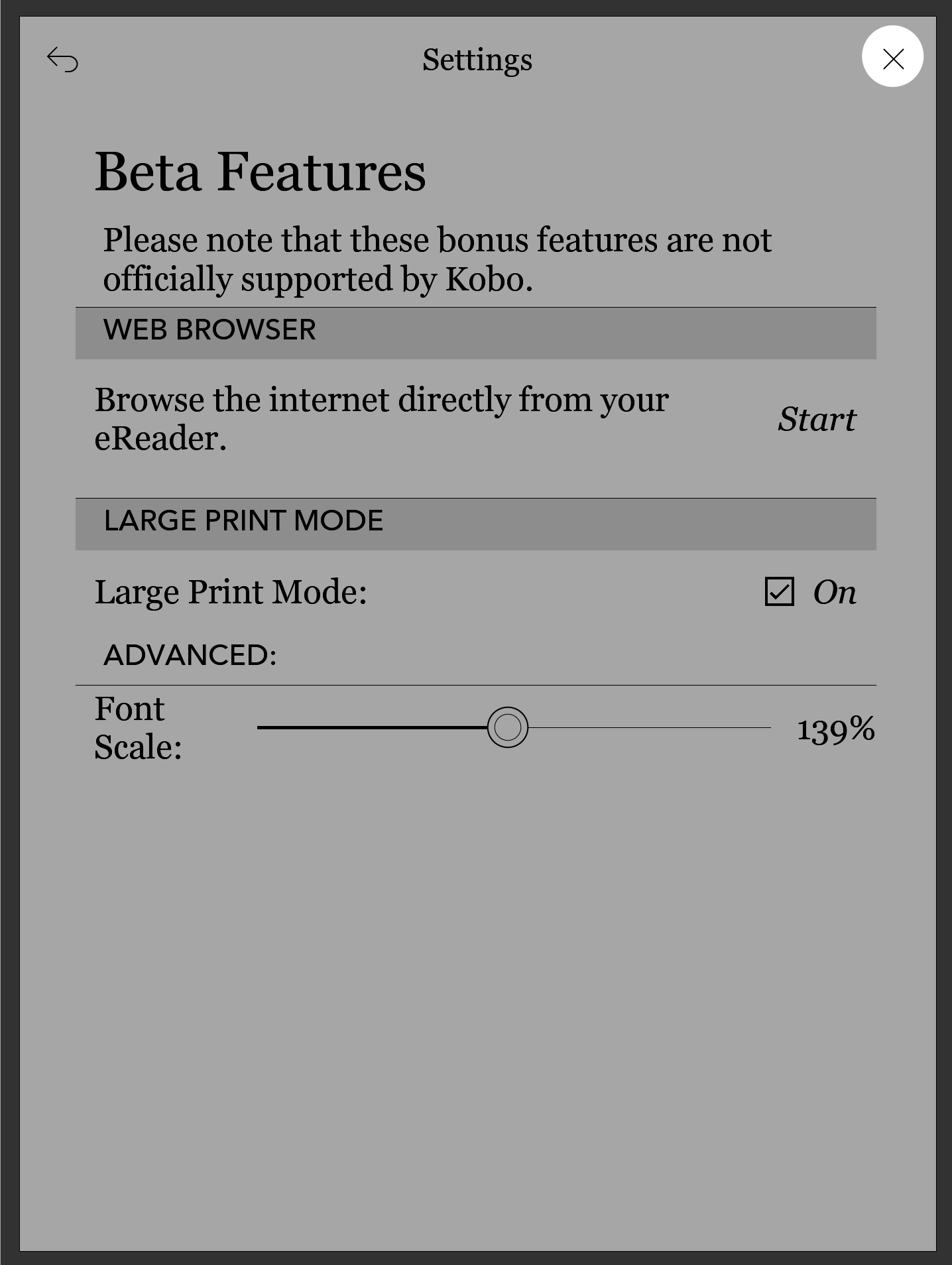 Ícone X destacado no canto superior direito do menu do eReader.