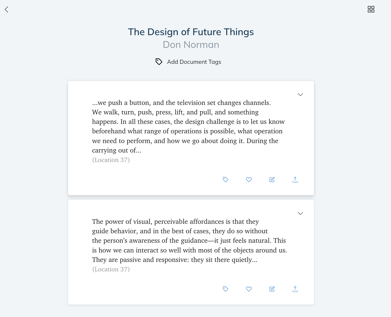 Readwise menu that displays two pages of text.