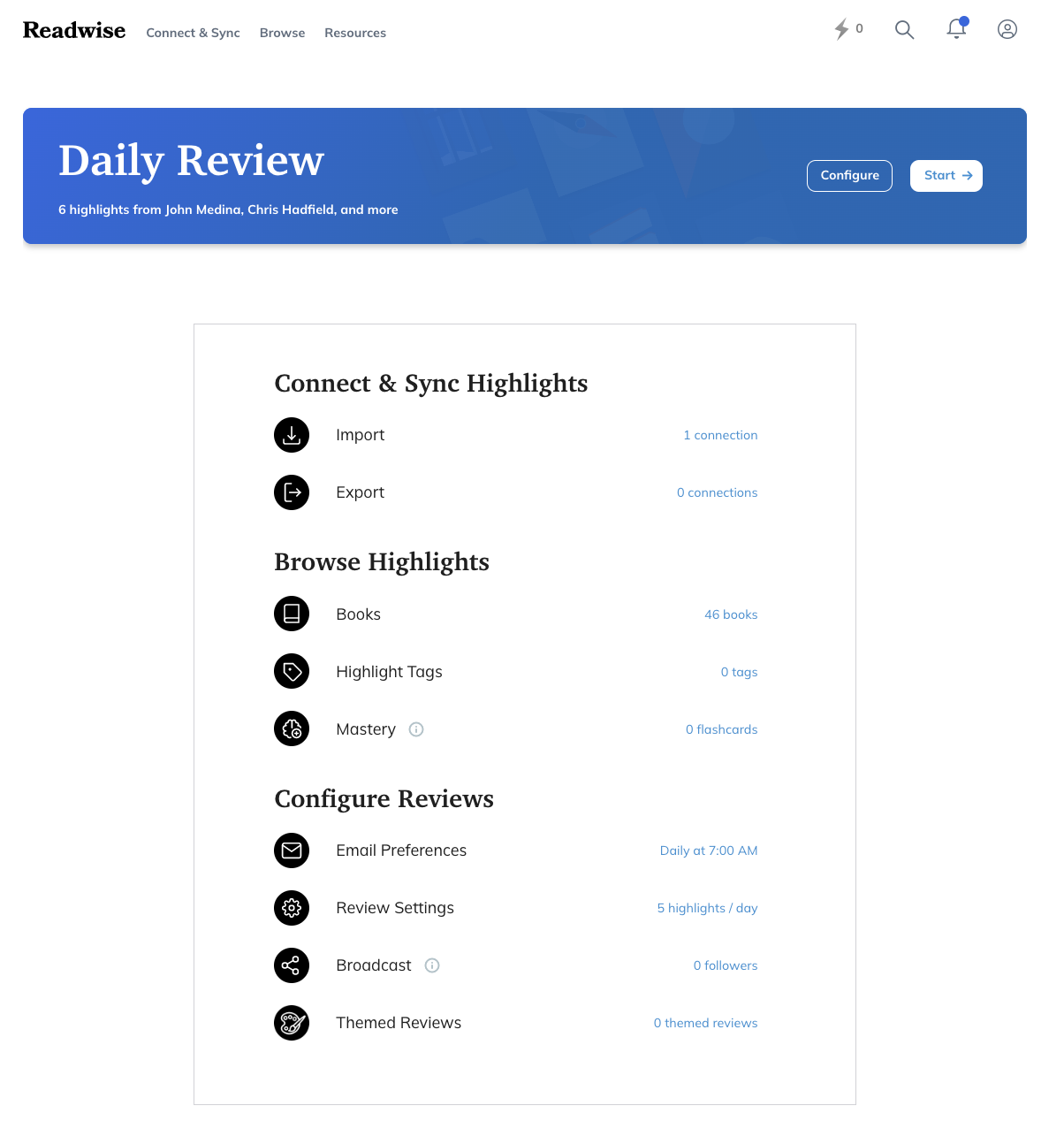 Readwise Daily Review menu that shows available reading and setting options.
