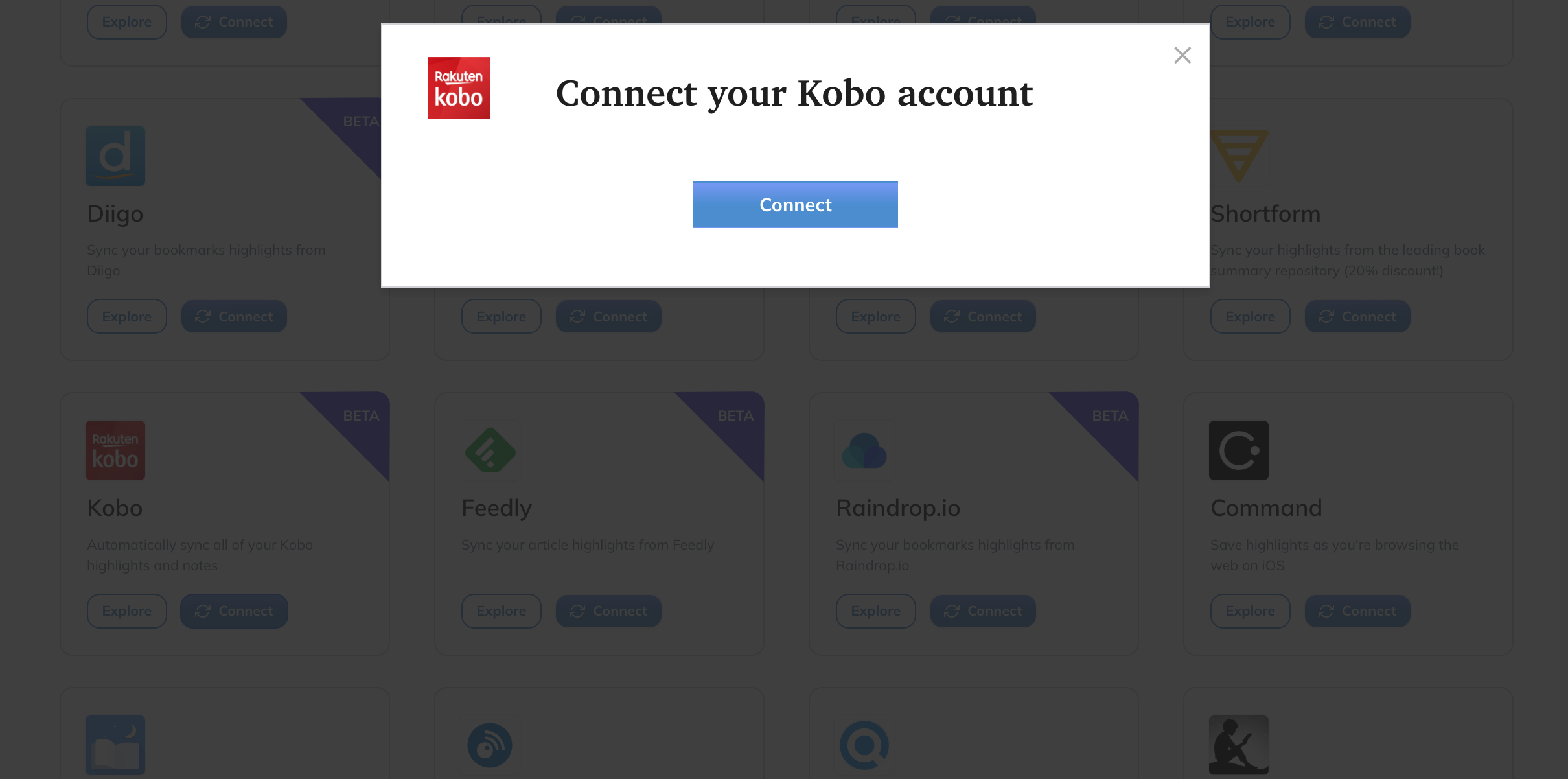 A pop-up menu that reads Connect your Kobo account.