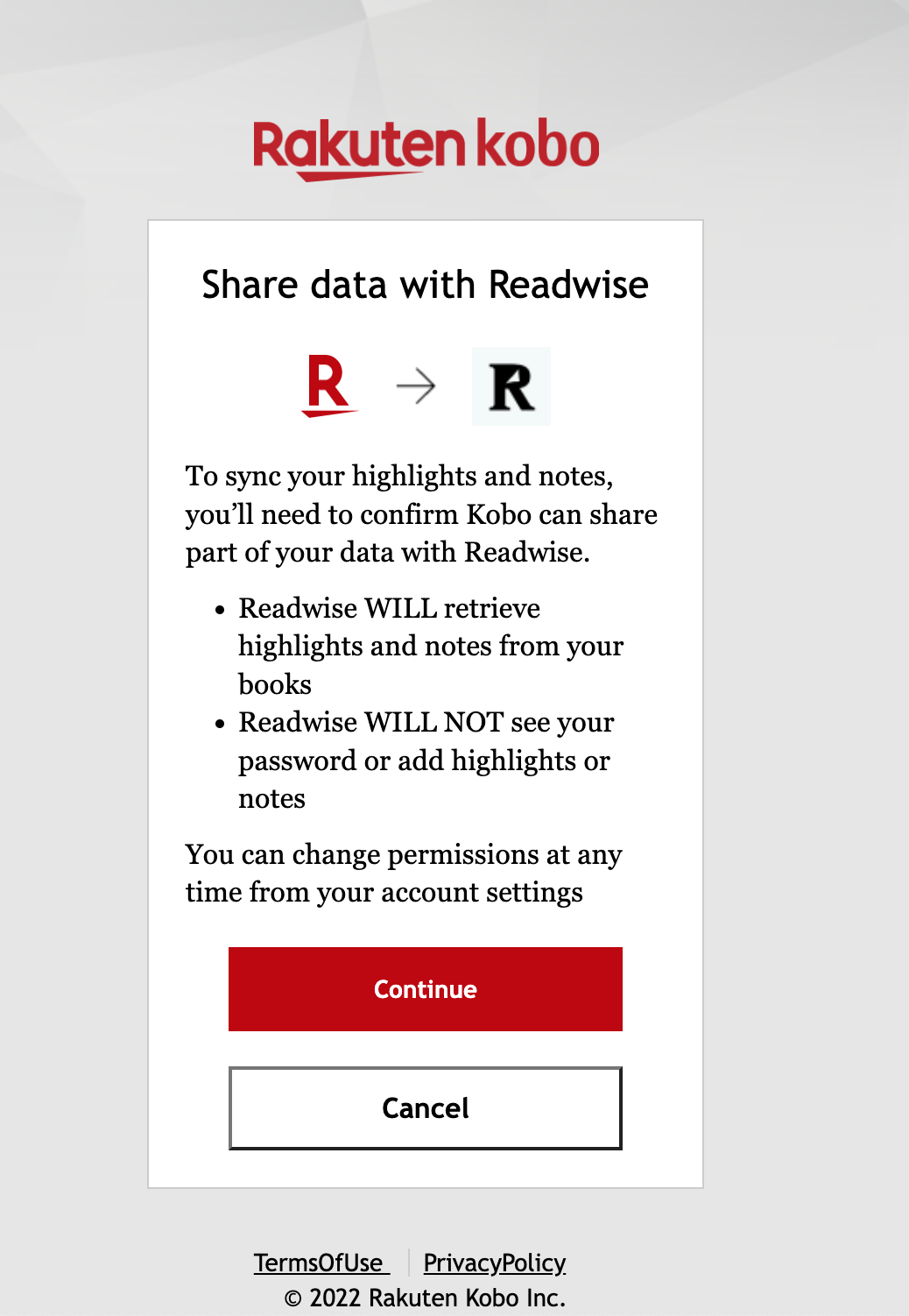 Share data with Readwise menu that describes what happens after you share data.
