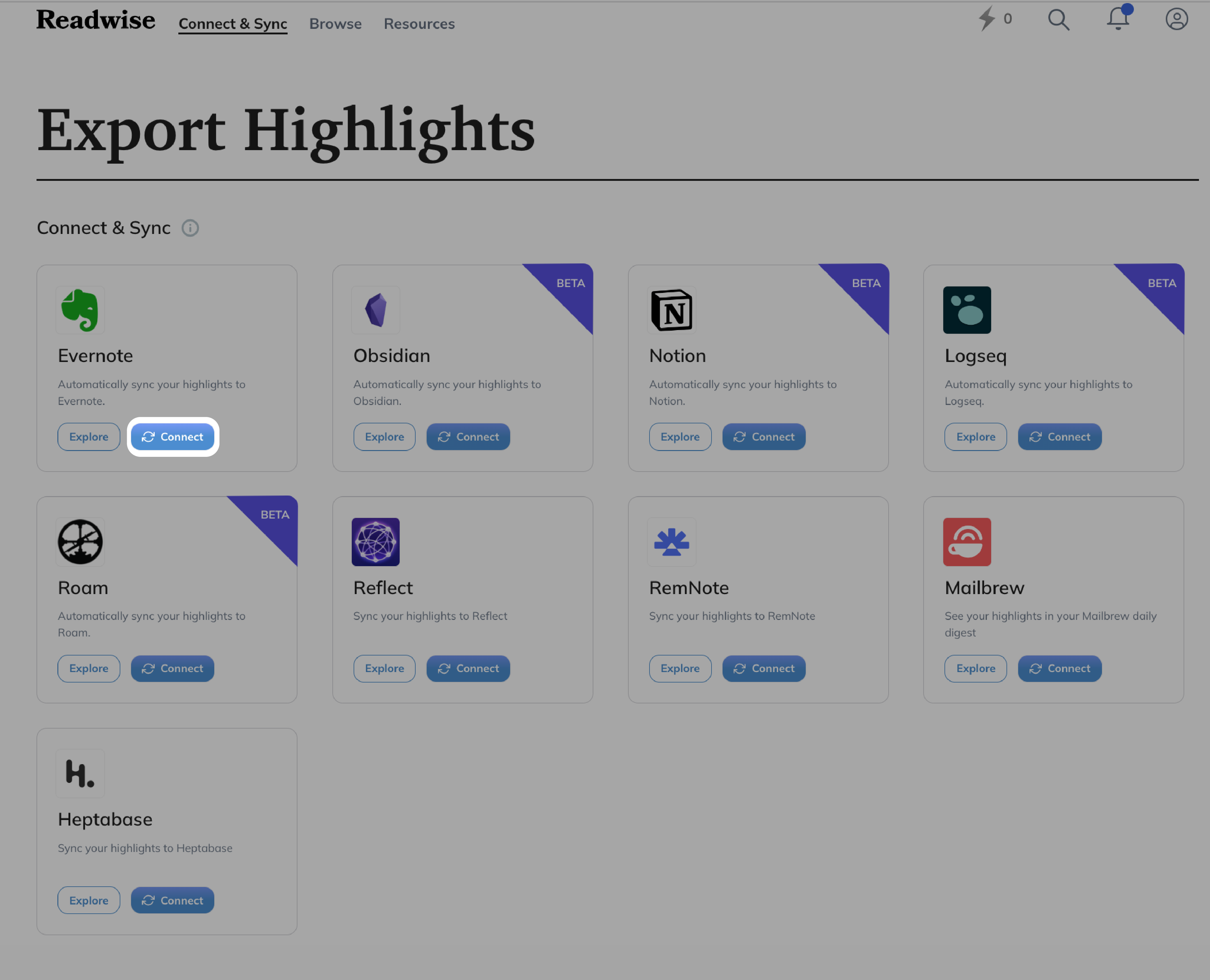 Readwise Export highlights menu with the Connect button highlighted.
