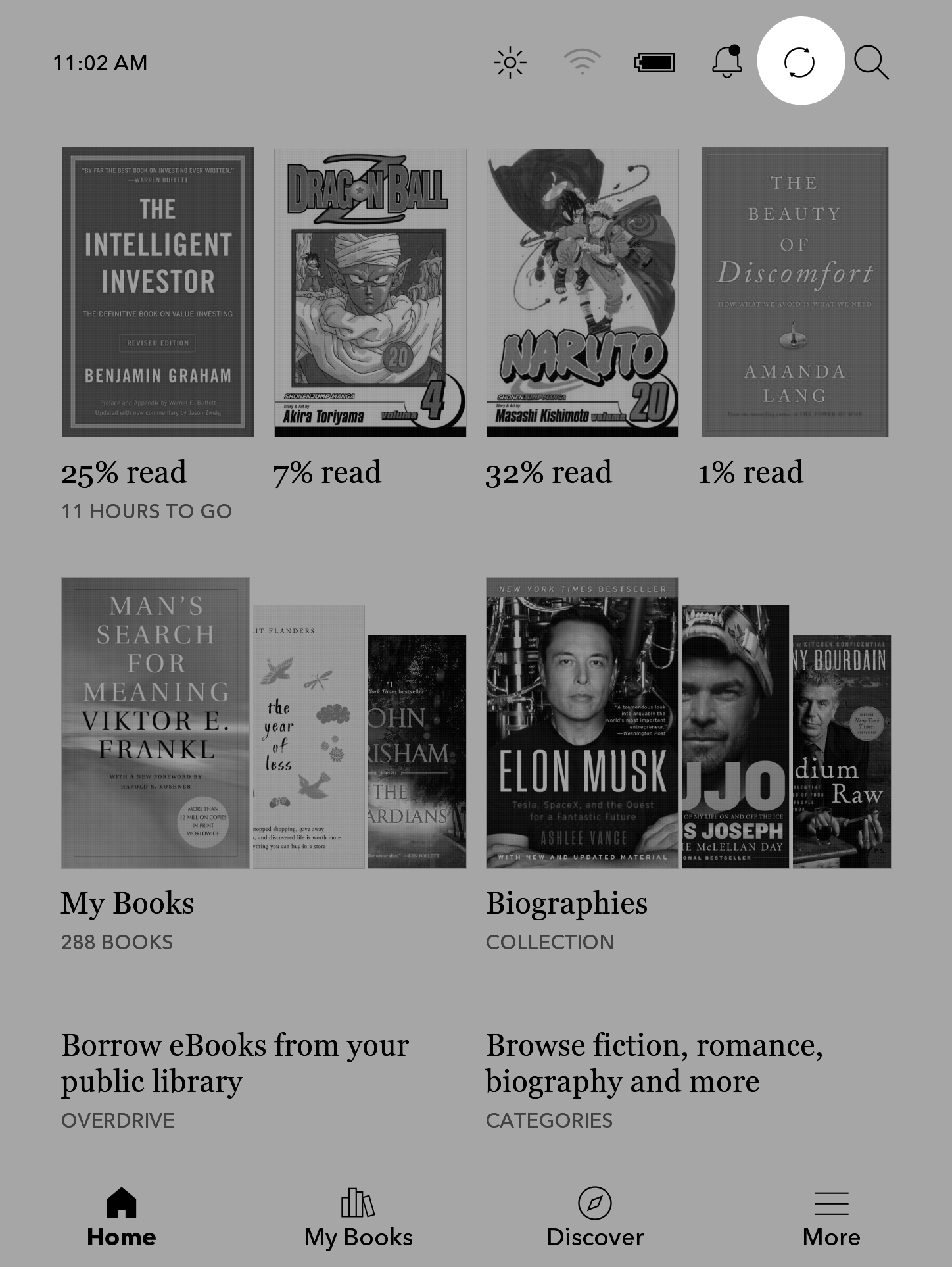 Kobo eReader Home screen with the Sync icon highlighted near the top right of the screen.