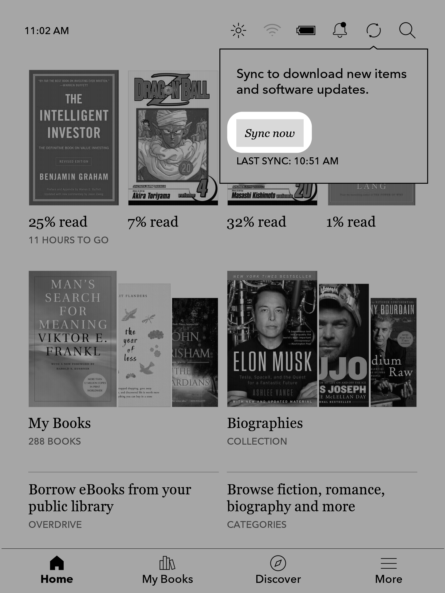 Kobo eReader Home screen with the Sync Now button highlighted near the top right of the screen.