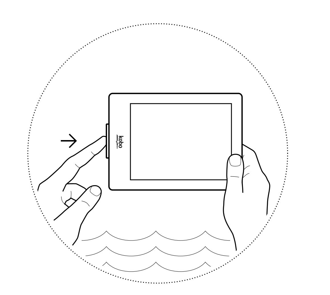 Illustration d'une main appuyant sur le cache-port étanche situé au bas d'une liseuse.