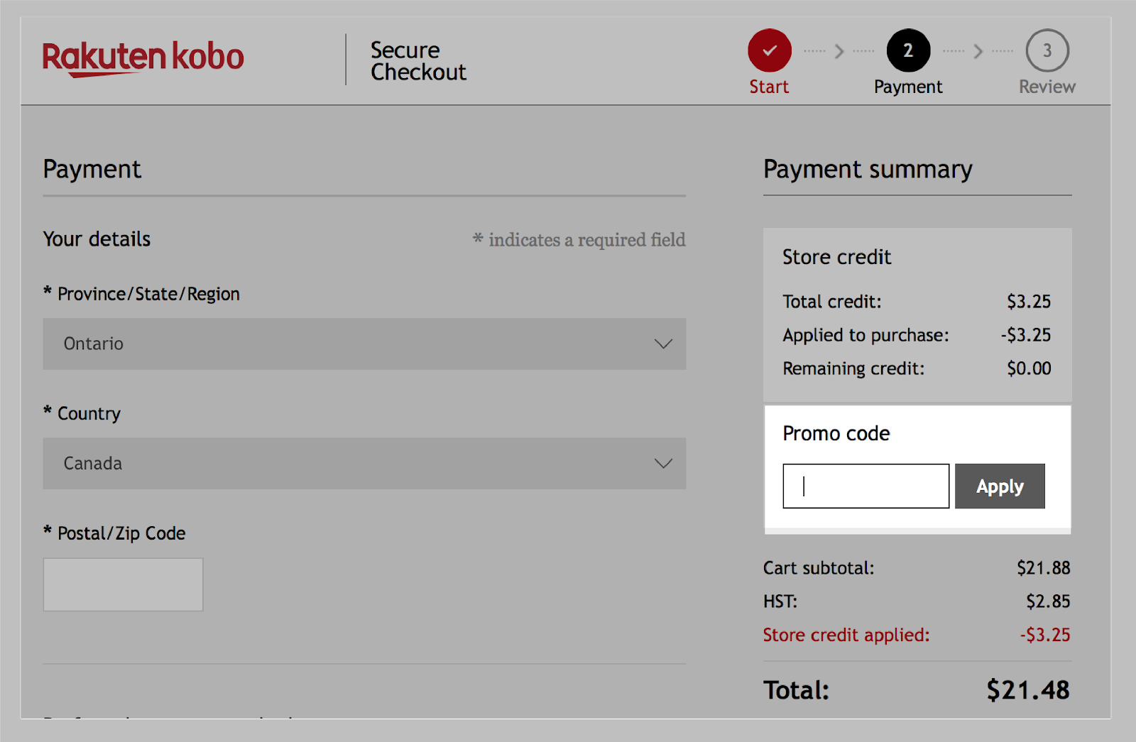 Kobo.com checkout page with the Promo Code field highlighted.