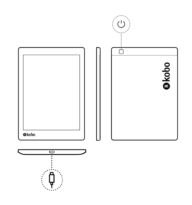 Ilustração de um eReader Kobo com as portas e o botão de ligar destacados.