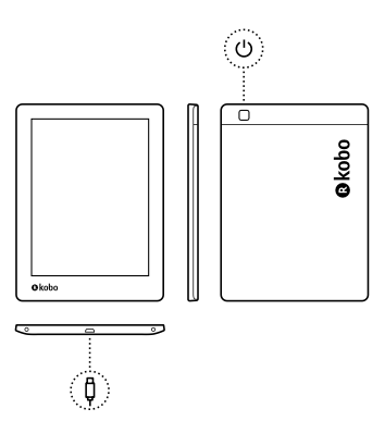 Eine Abbildung eines Kobo eReaders mit dem Ein-/Ausschalter auf der Rückseite des eReaders.