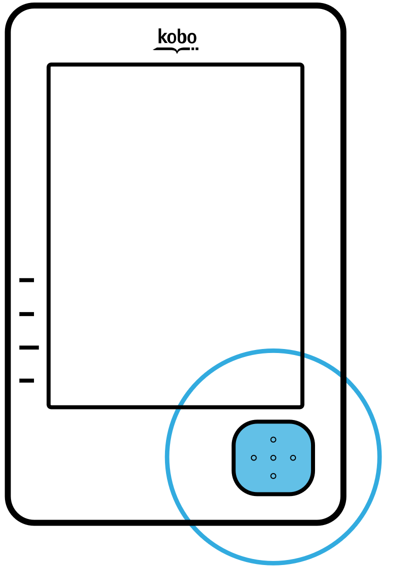 An illustration of a Kobo eReader with the  home button on the bottom right of the eReader highlighted.