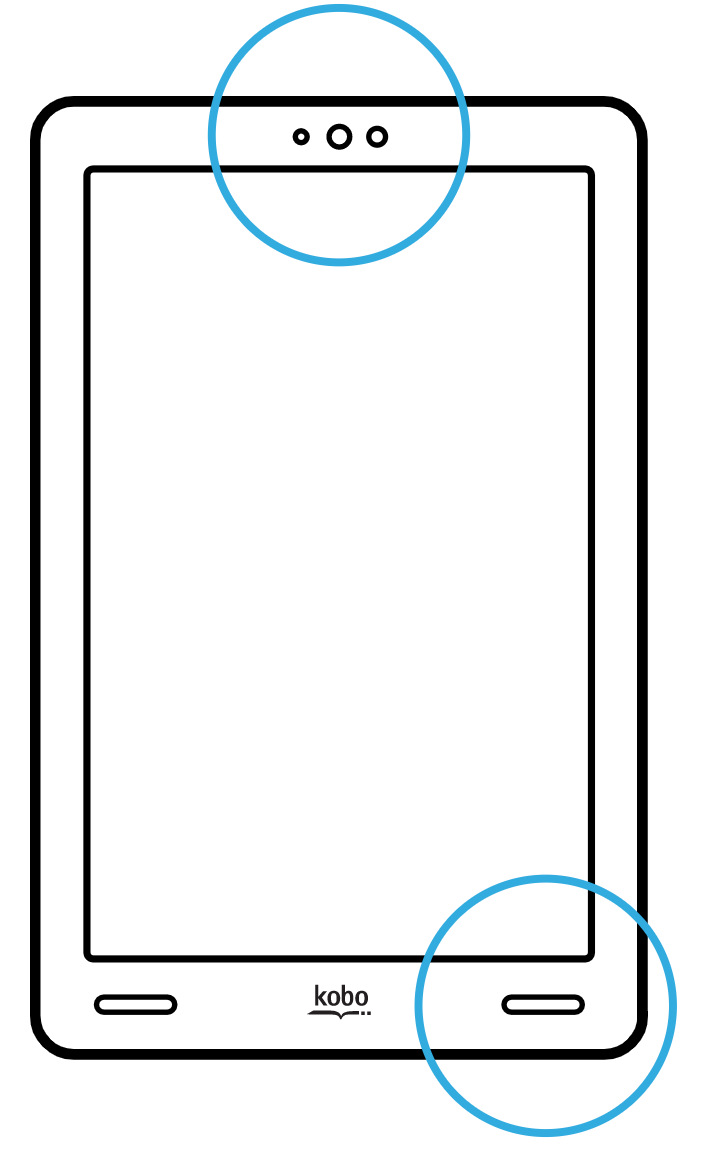 An illustration of a Kobo tablet with the speaker and camera ports highlighted.