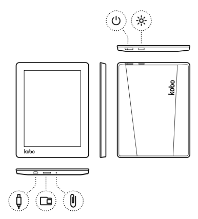 An illustration of a Kobo eReader with the power button and light button on top and ports on the bottom.