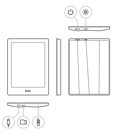 An illustration of a Kobo eReader with the power button and light button on top and ports on the bottom.