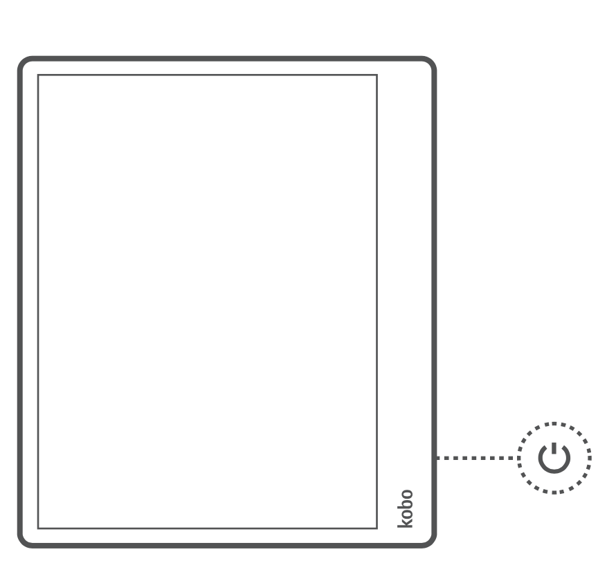 Ilustración del eReader Kobo y el indicador del botón de encendido a la derecha.