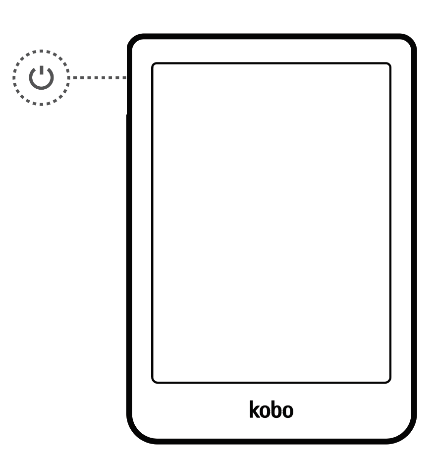 Ilustración del Kobo eReader y el indicador del botón de encendido a la izquierda.