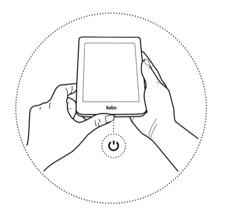 Una ilustración de un eReader Kobo con el botón de encendido en la parte inferior del eReader.