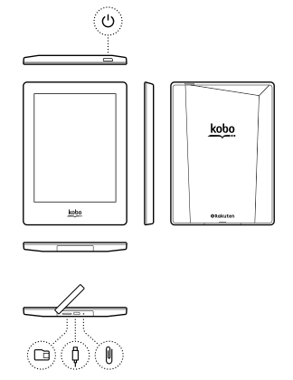 Una ilustración de un Kobo eReader con el botón de encendido en la parte superior y los puertos en la parte inferior.