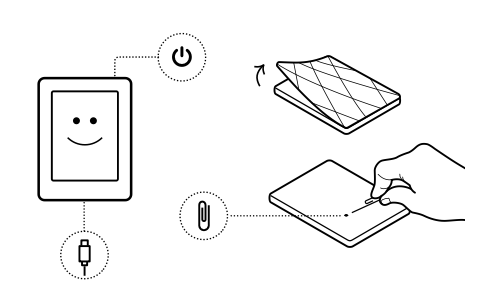 Una ilustración de un Kobo eReader con el botón de encendido en la parte superior y el puerto de reinicio ubicado debajo de la cubierta.