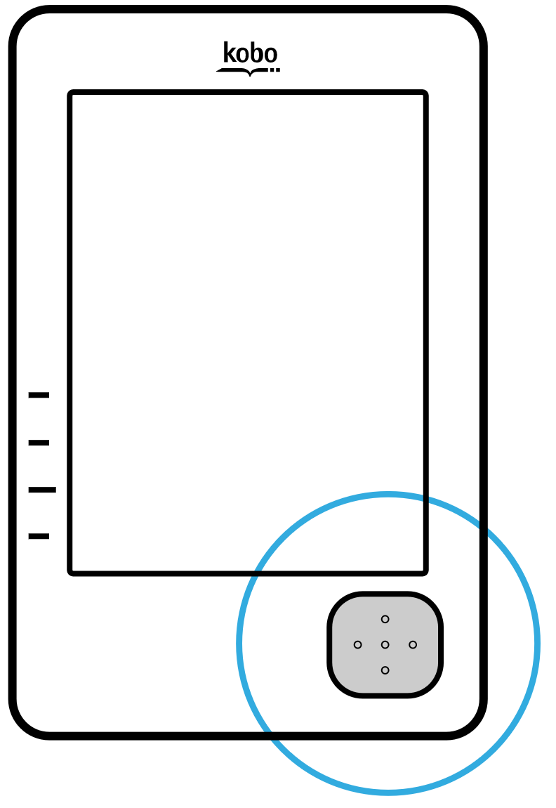 Un'illustrazione di un eReader Kobo con il comando Home evidenziato in basso a destra dell'eReader.