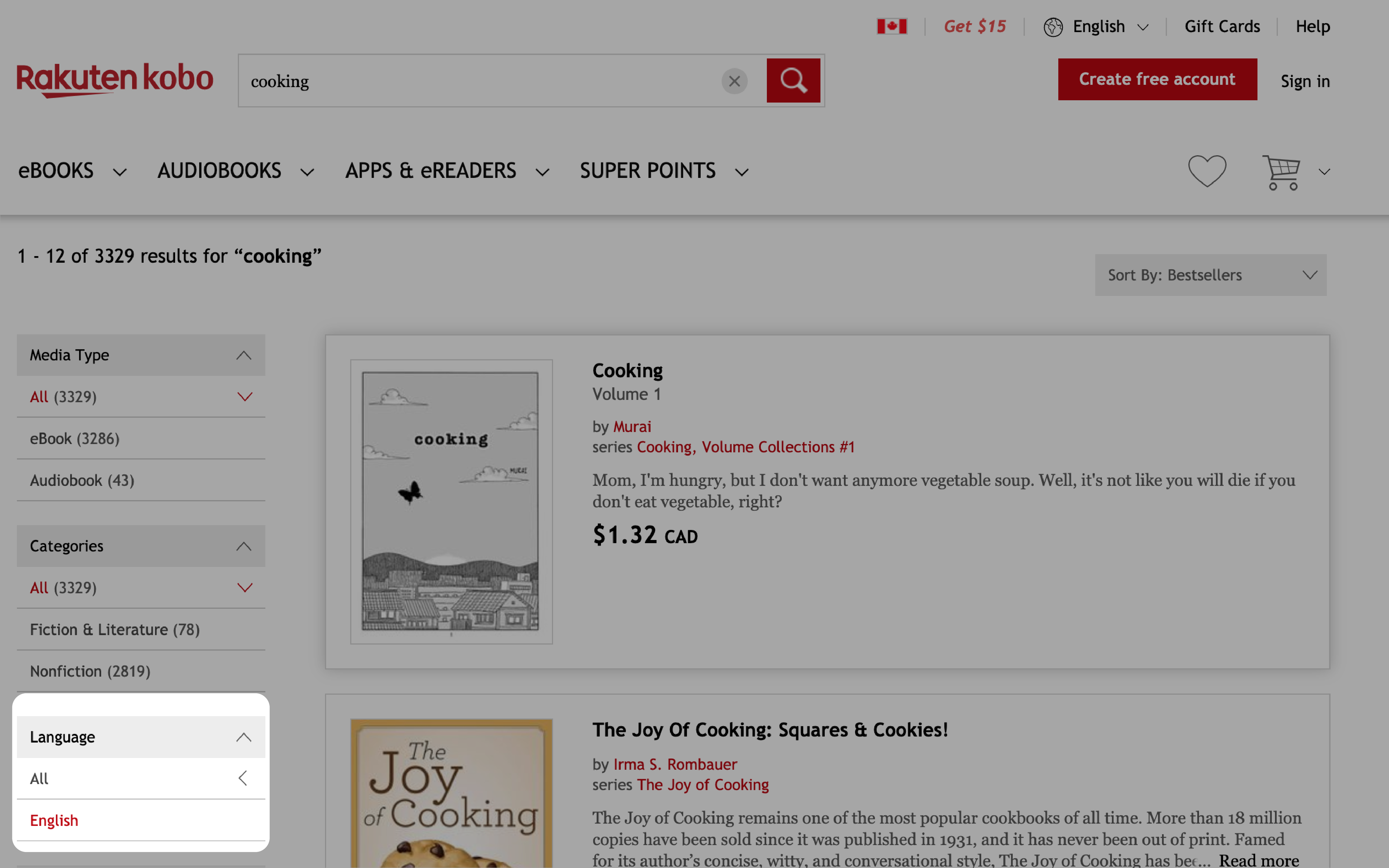 Suchergebnisse im Kobo Store mit hervorgehobenem Sprachmenü.