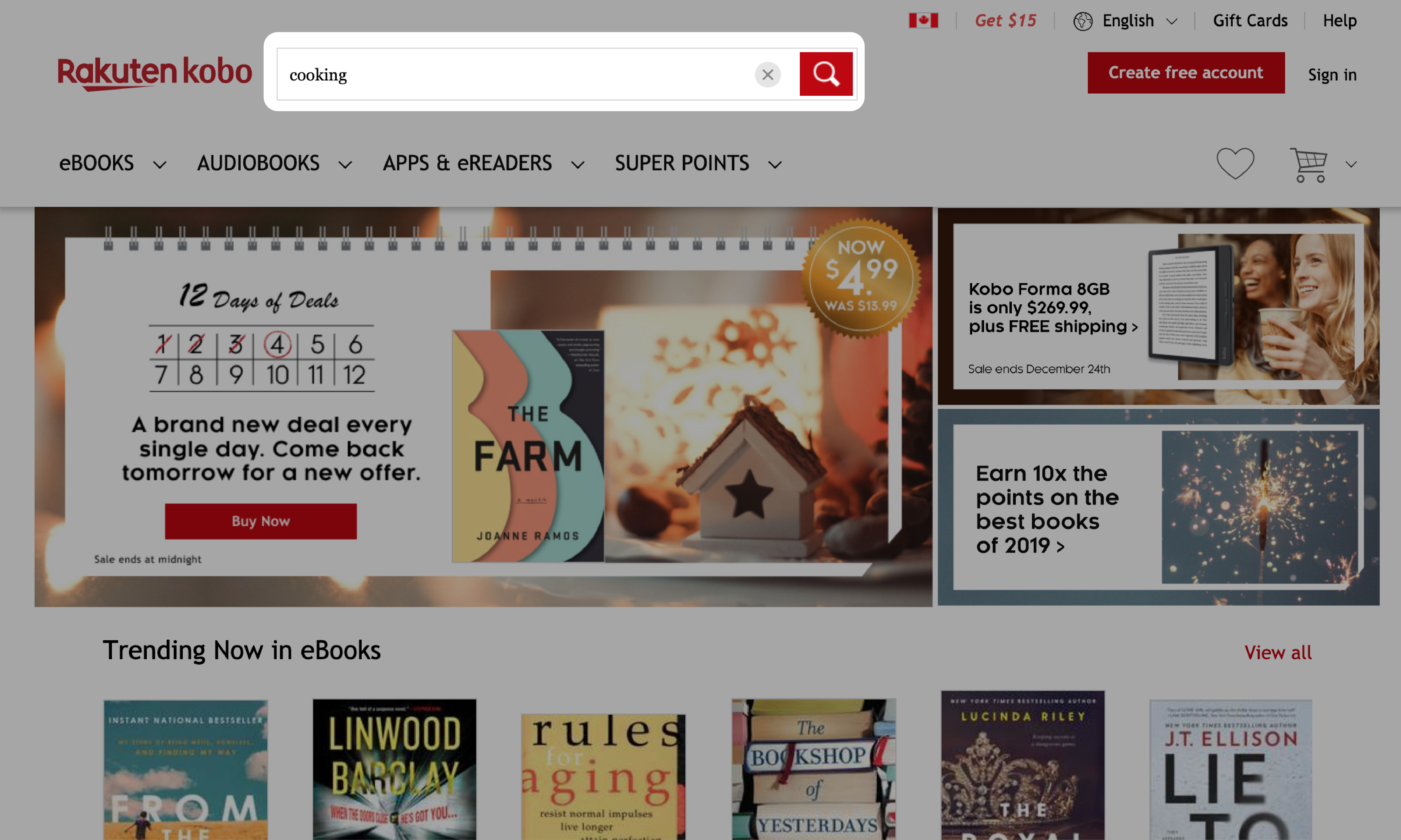 Kobo eReader Home screen with the search bar highlighted.