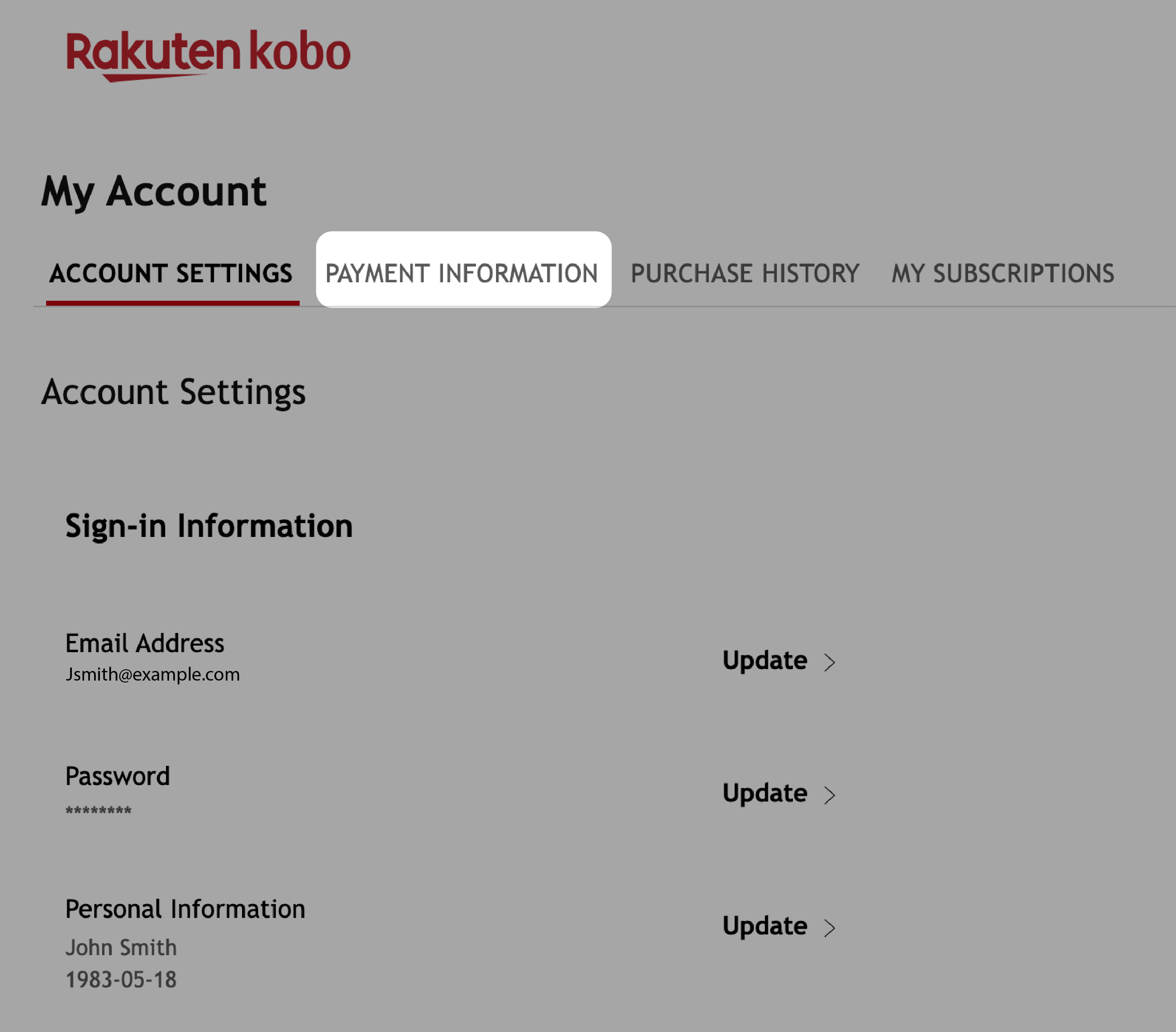 Kobo.com My Account menu with the Payment Information tab highlighted.
