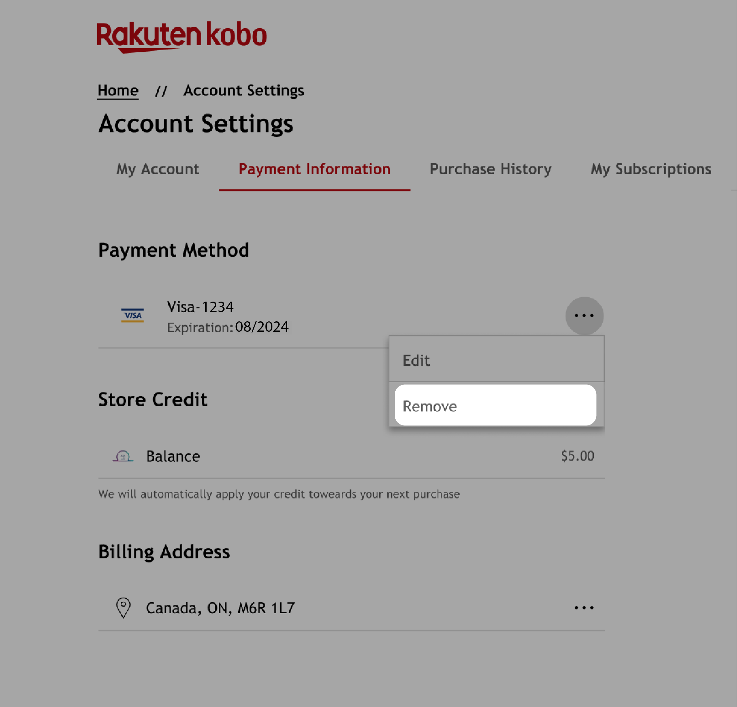 Payment information tab with the Remove button highlighted.