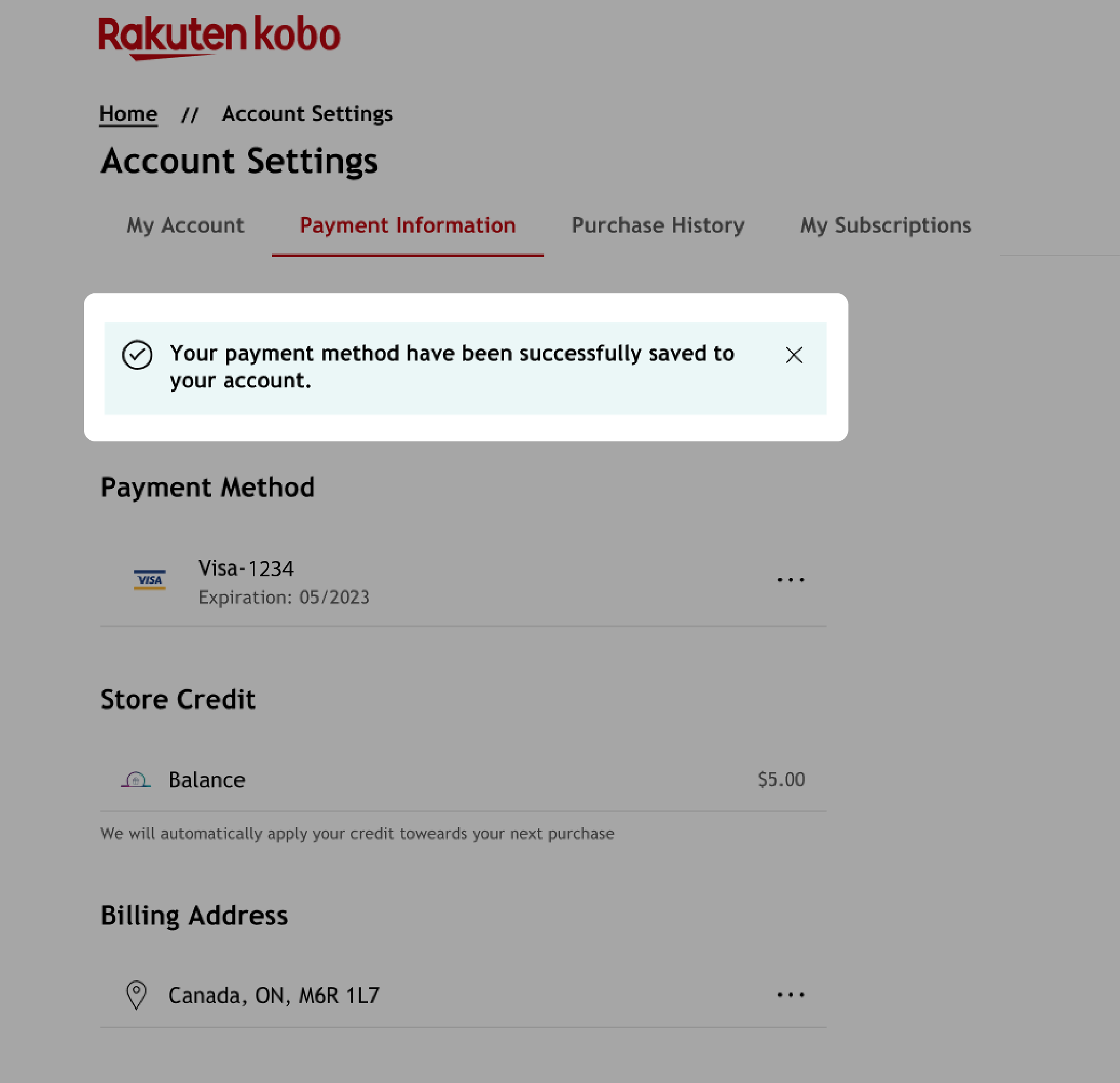 Account settingspayment method confirmation message highlighted.
