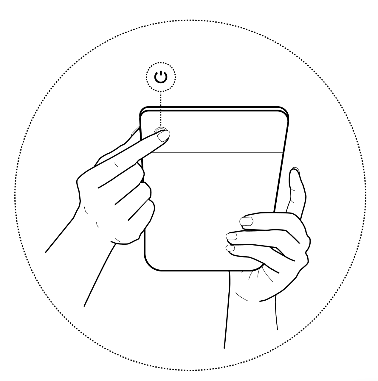 Illustration of a hand holding a Kobo eReader and pressing the power button on the back of the device.