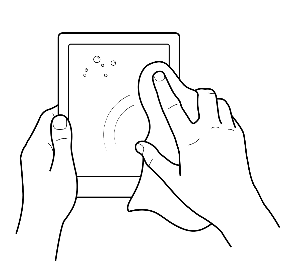 A hand holding a Kobo eReader and wiping the screen with a cloth.