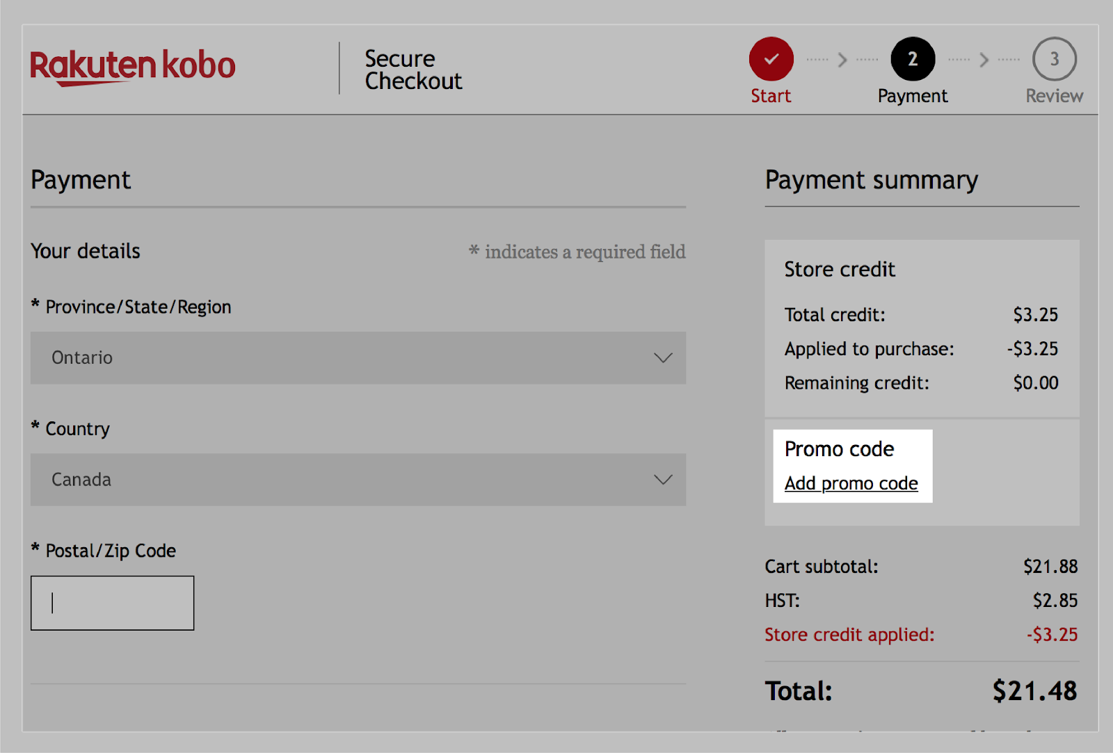 Page de paiement sur kobo.com avec le champ Code promo mis en évidence.