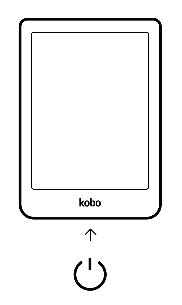 An illustration of a Kobo eReader with an arrow pointing to the bottom indicating the power button.