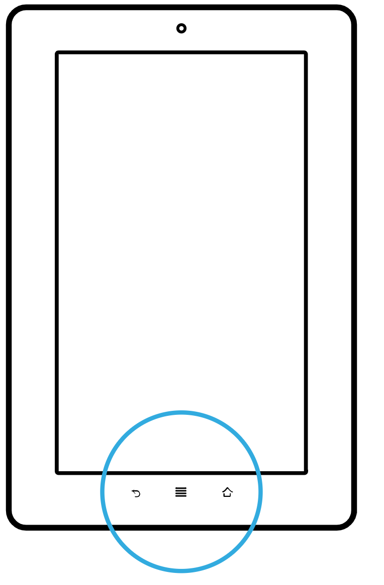 Uma ilustração de um tablet Kobo com os ícones de início e menu destacados na parte inferior do eReader.