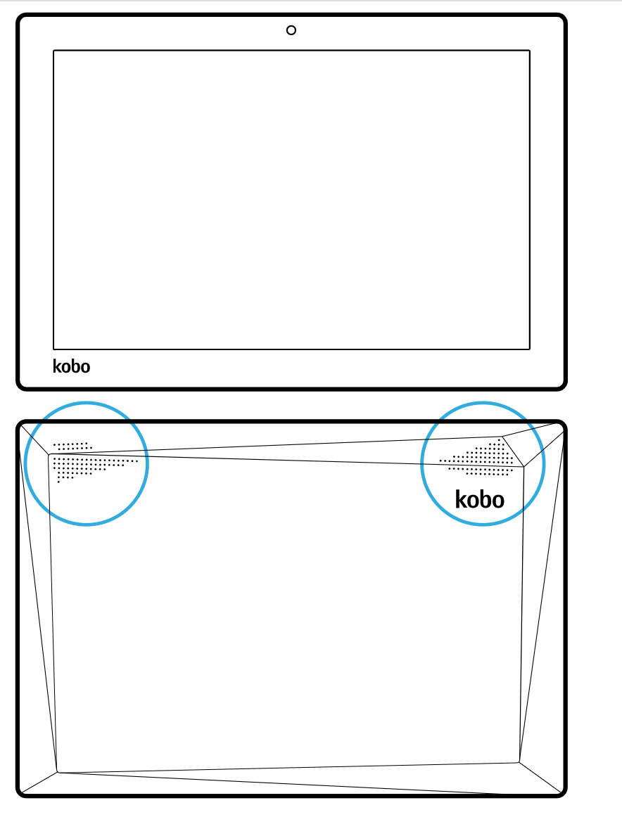 Kobo 平板電腦的插圖，其中喇叭在平板電腦背面反白顯示。