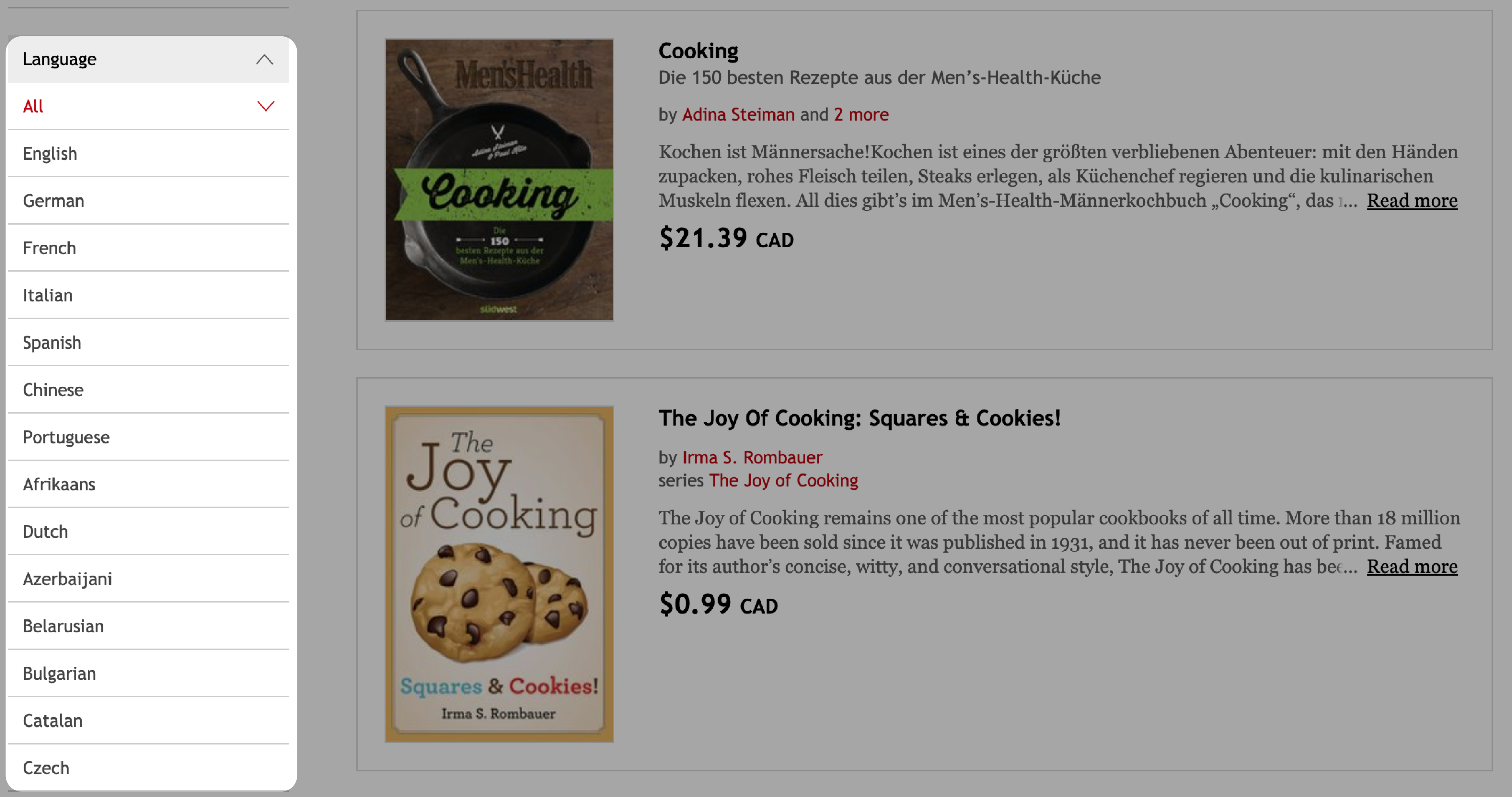 Kobo store search results with Language list highlighted.
