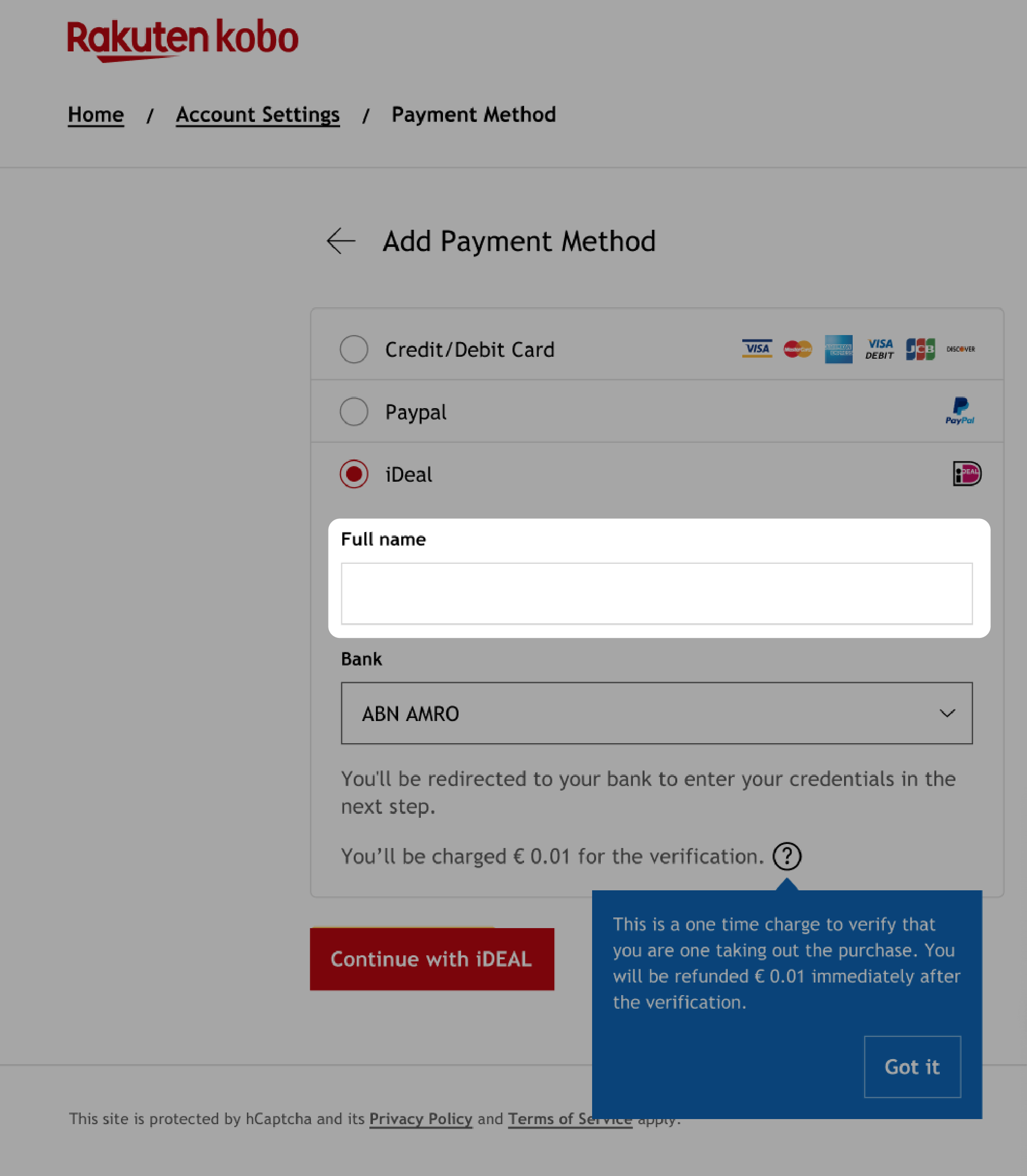 Payment Method screen with Full name field highlighted.