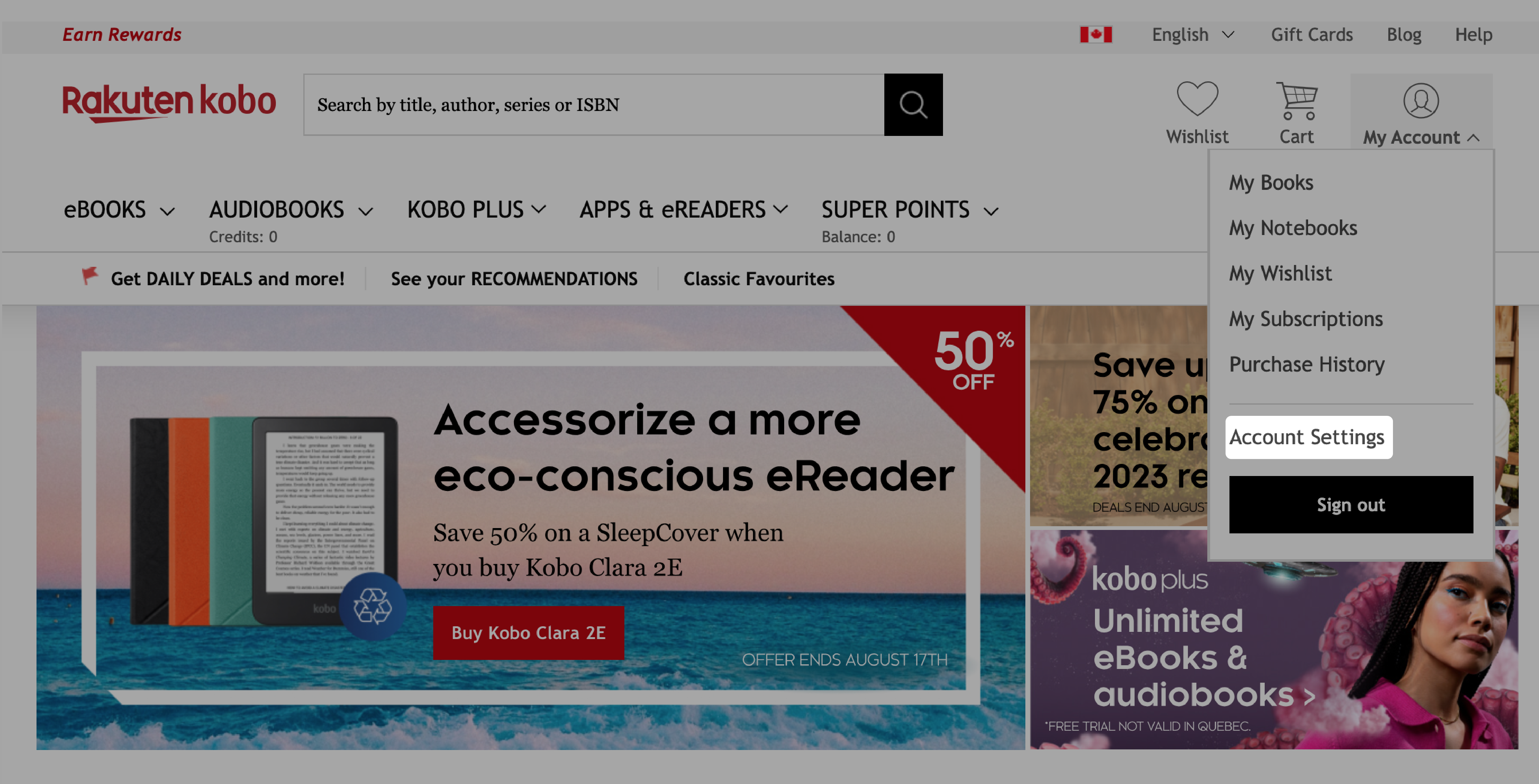 Homepage di Kobo.com con il comando Impostazioni account evidenziato.