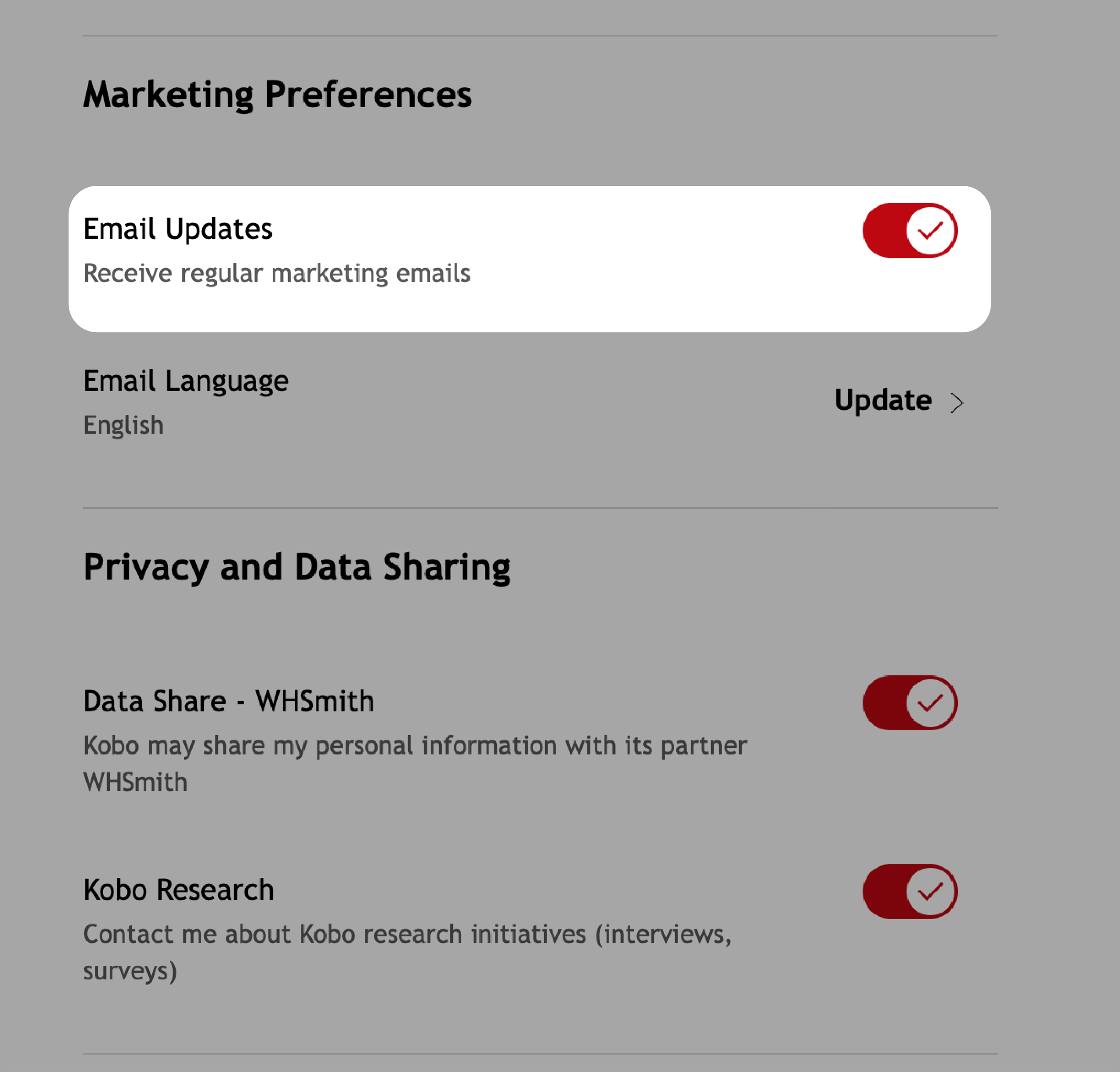 Kobo.com Marketing Preferences menu with Email Updates option highlighted.