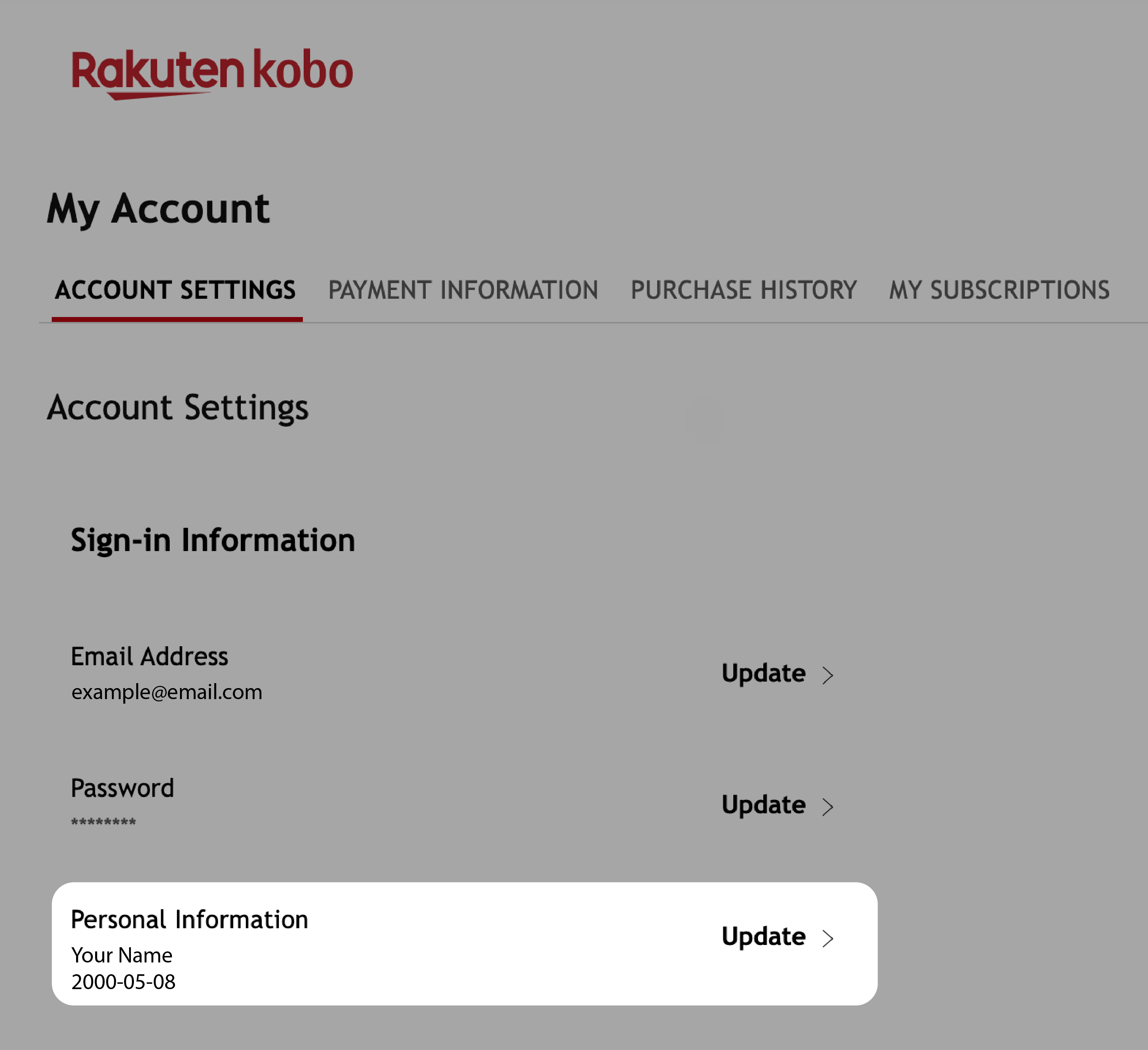Kobo.com-accountinstellingenpagina met de optie Persoonlijke informatie gemarkeerd.