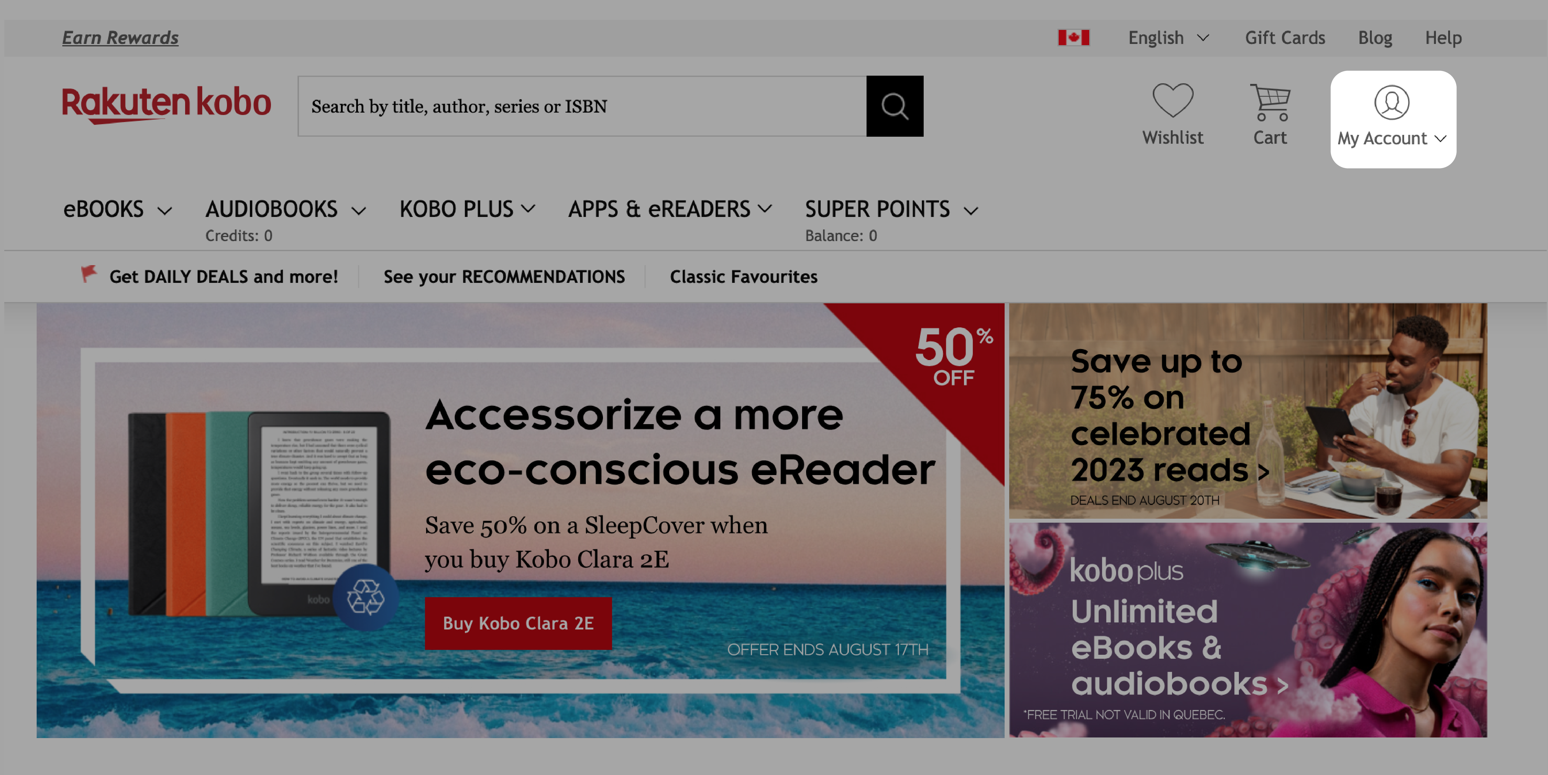 De startpagina van Kobo.com met de knop 'Mijn account' gemarkeerd.