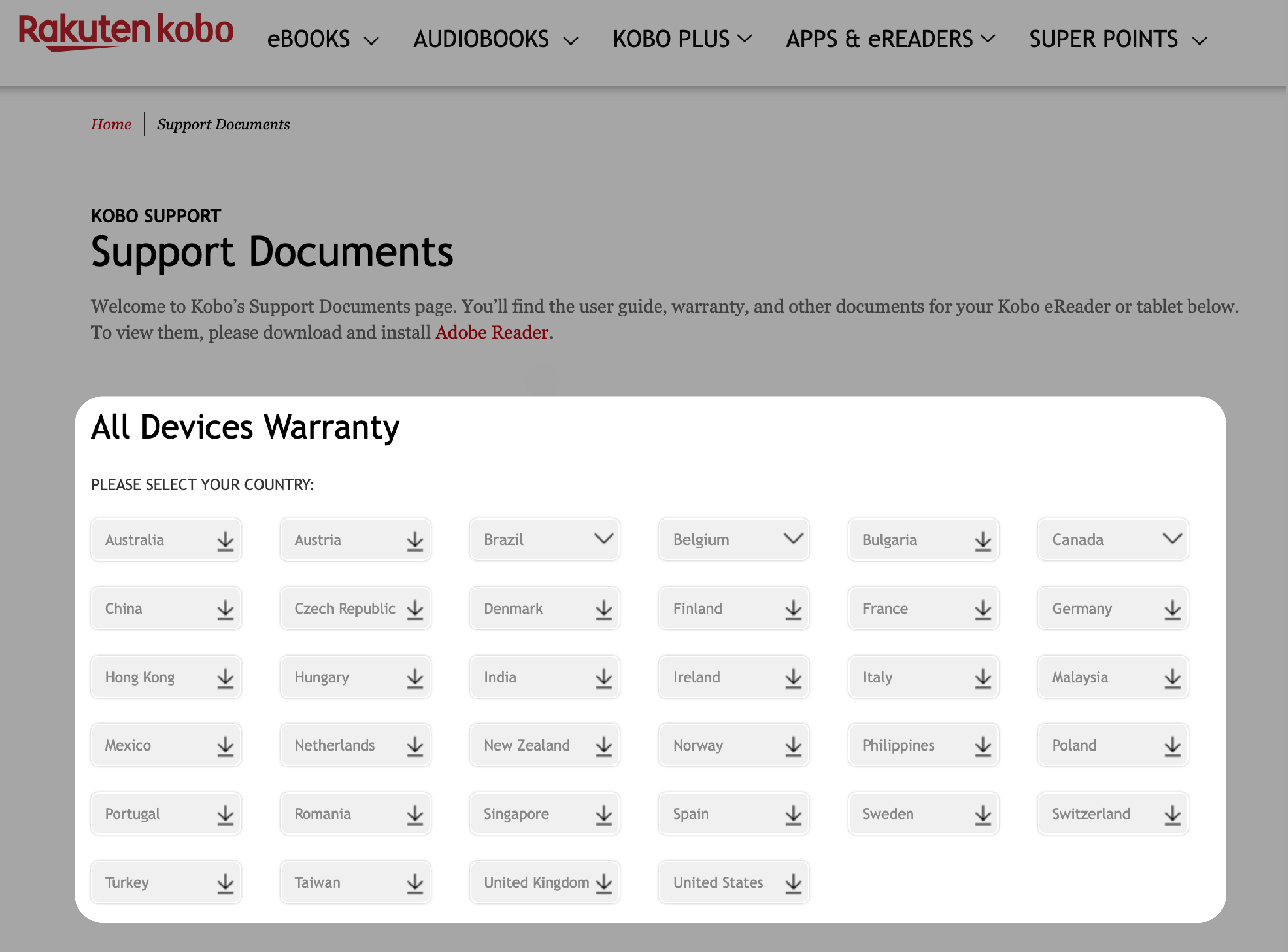 A page with a list of Kobo warrany documents in a dropdown menu.