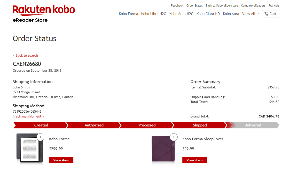 Tela de visão geral do status do pedido que mostra os itens no seu carrinho de compras do Kobo.com.