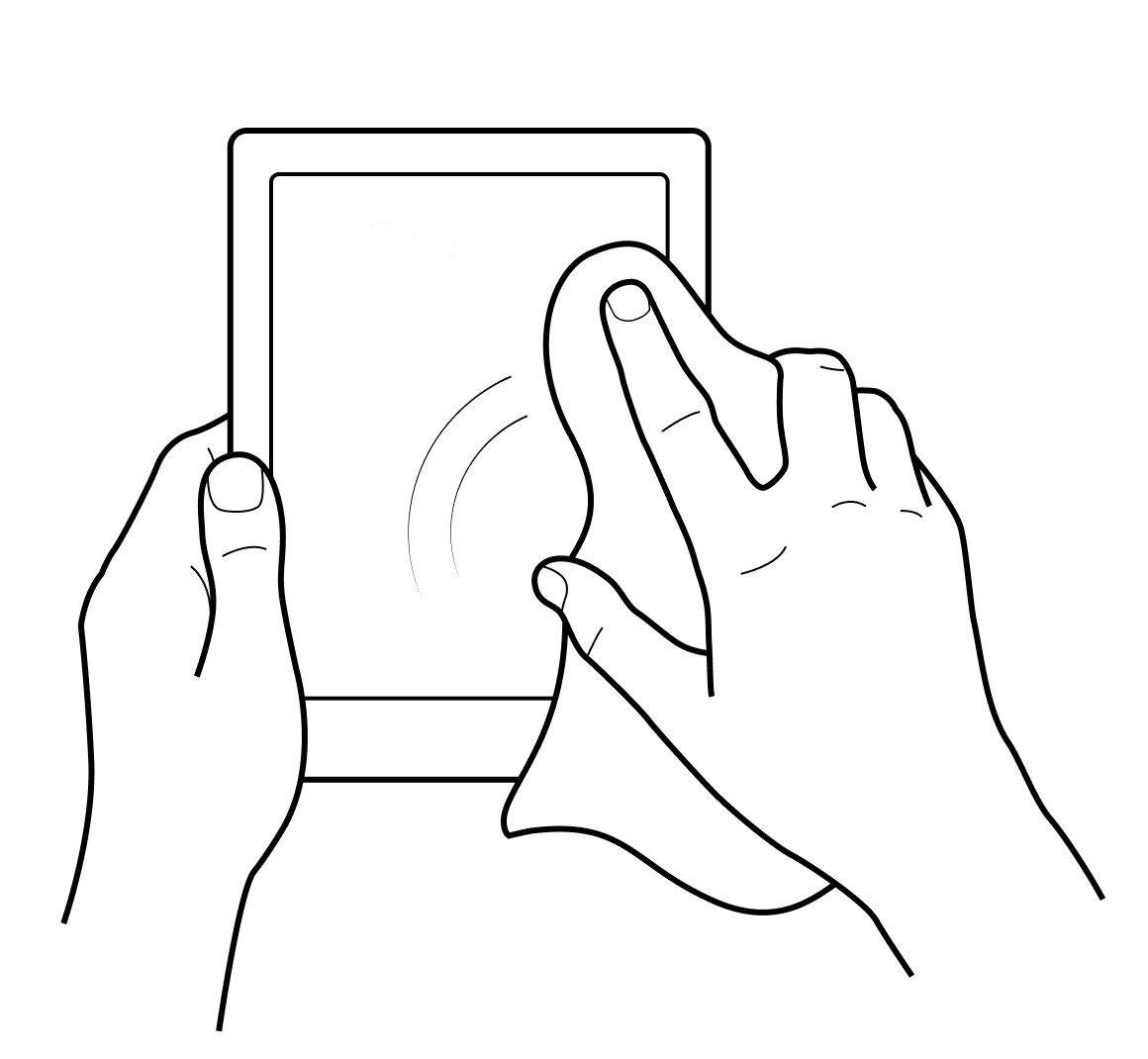 Illustration of a hand holding a Kobo eReader and wiping the screen with a cloth.