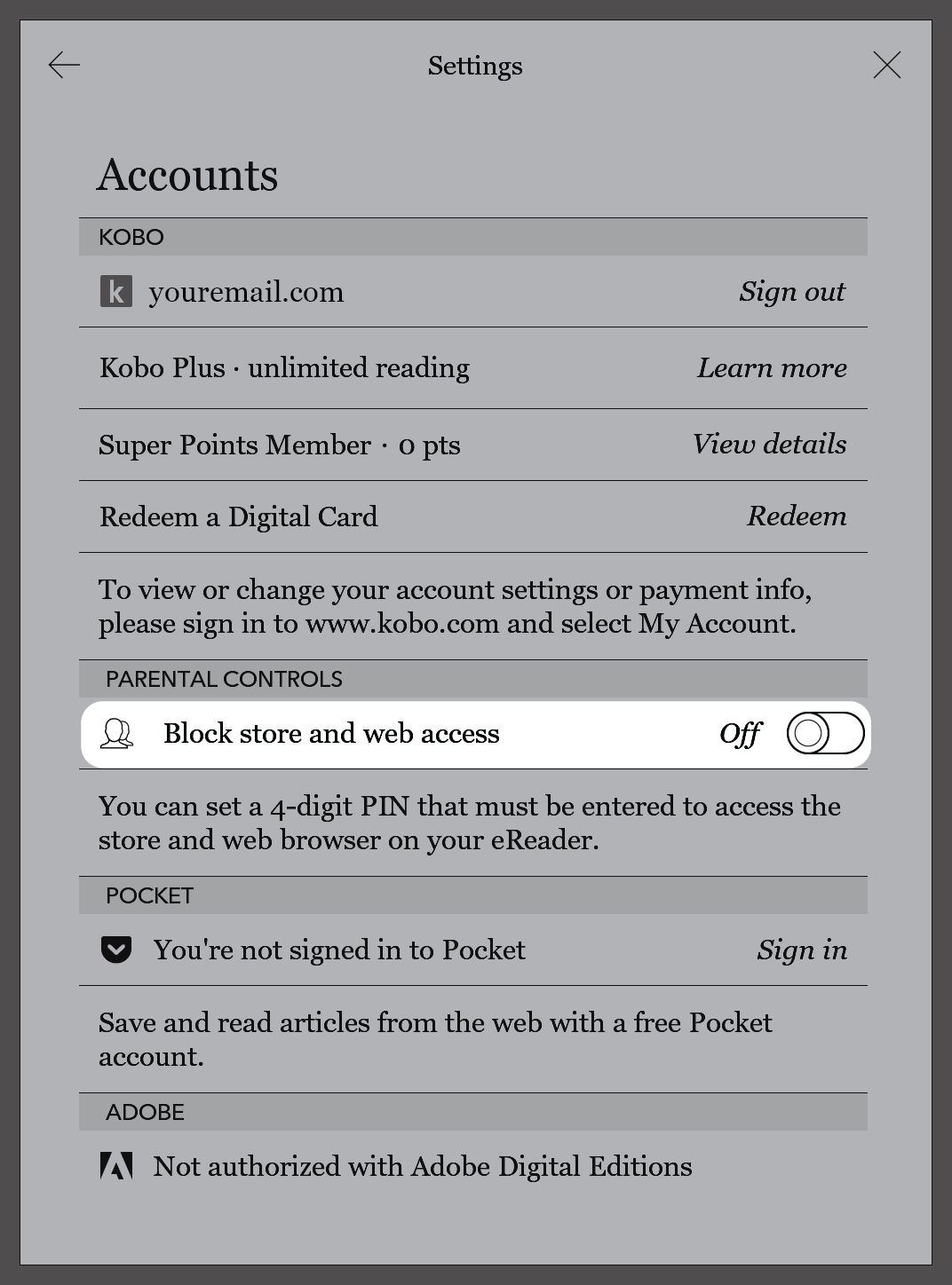 Menu de Contas do eReader Kobo com o botão Bloquear acesso à loja e à web destacado.